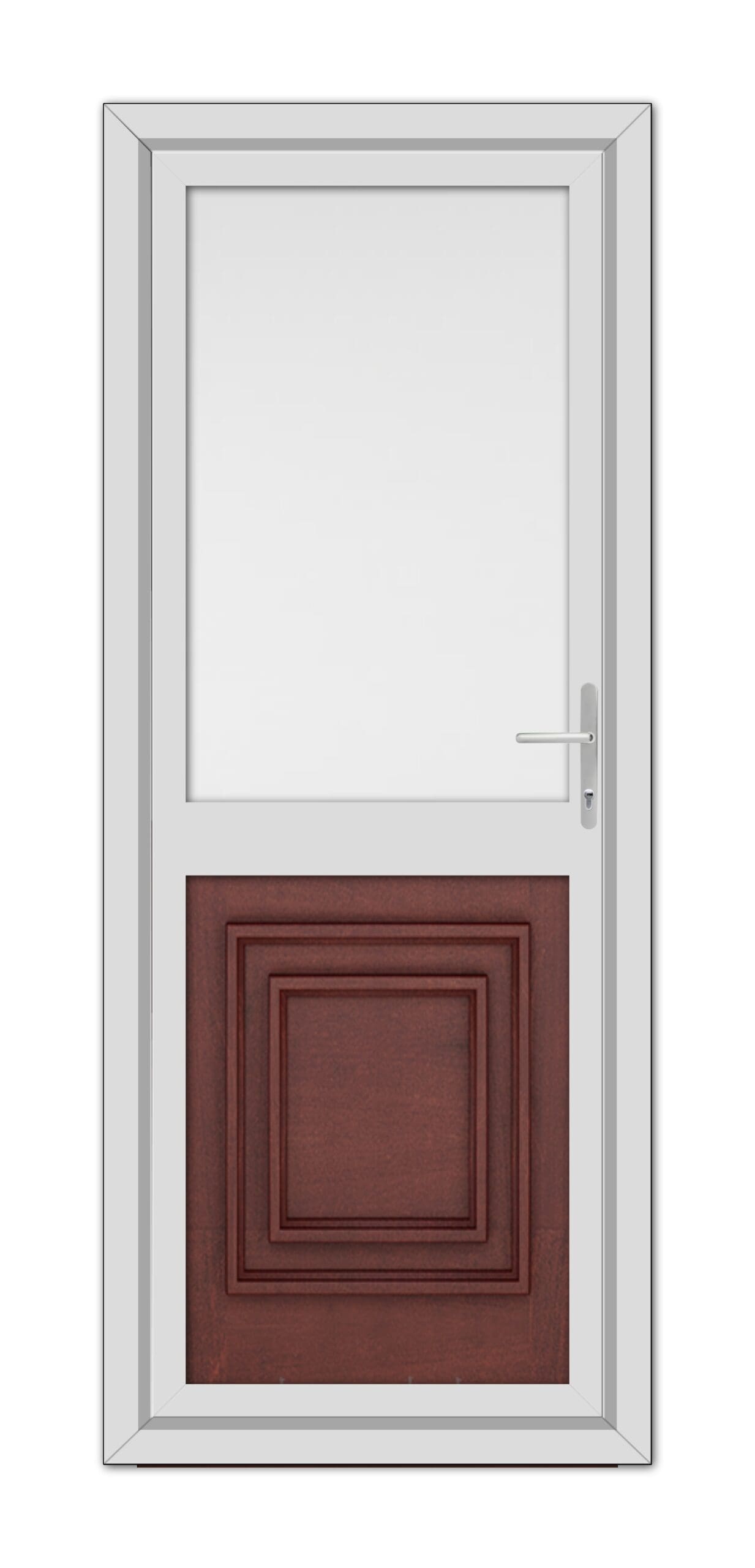 A Mahogan Hannover Half uPVC Back Door with a white frame, featuring a large upper window and a lower red panel with a recessed square design, equipped with a metallic handle on the right.