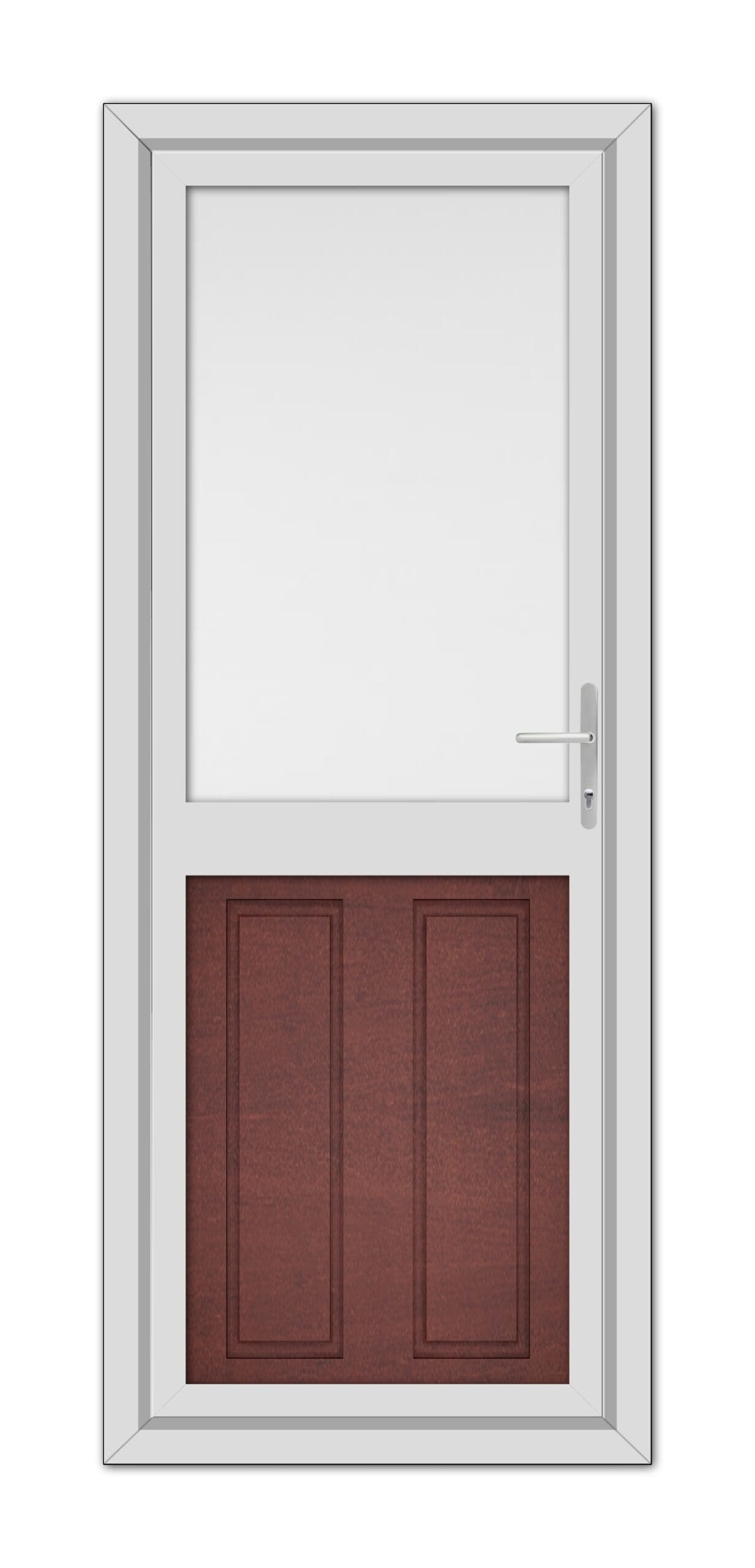 A Mahogan Manor Half uPVC Back Door with a silver handle, featuring a small upper window and two lower dark wood panels, set against a white background.