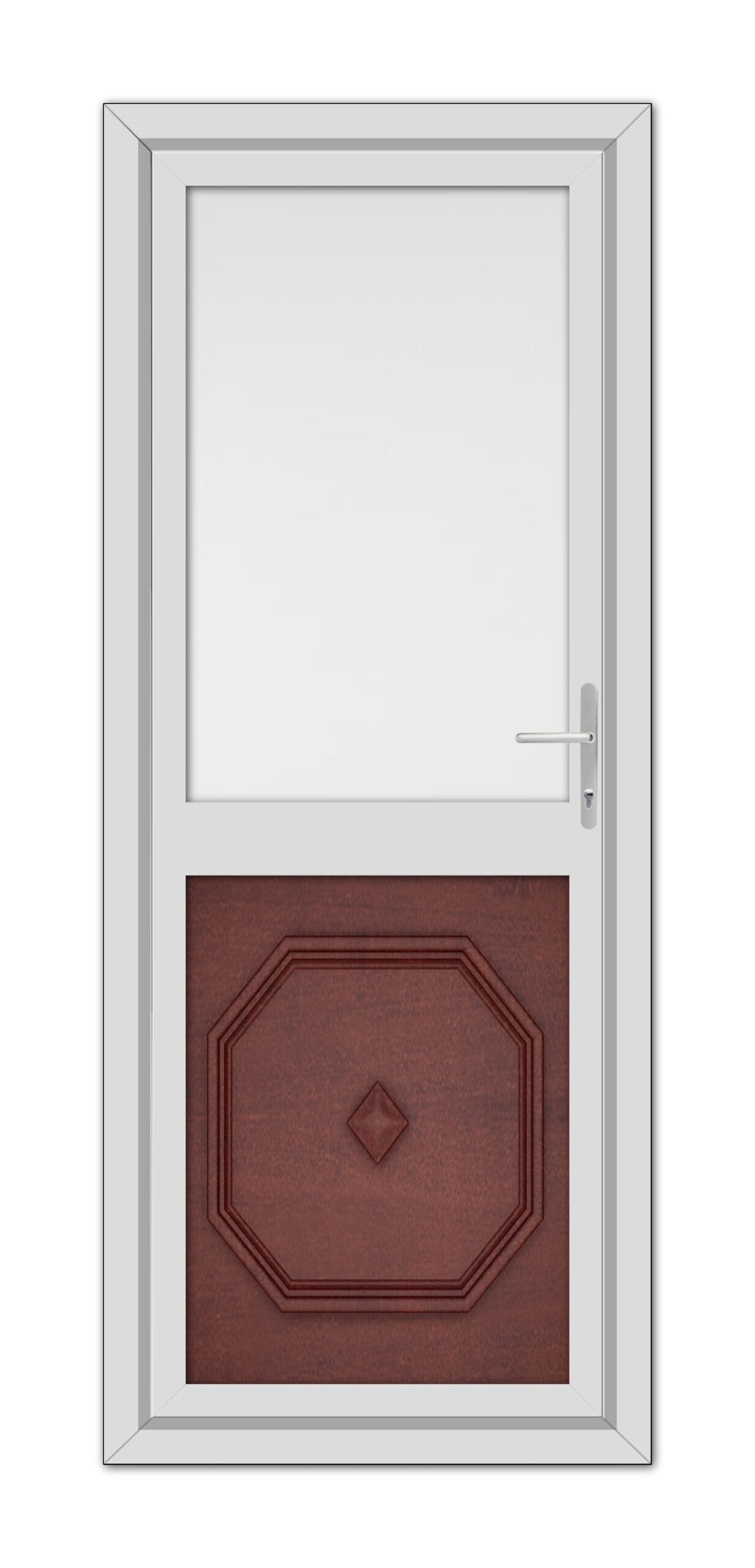 A Mahogan Westminster Half uPVC Back Door with a white frame, a clear glass pane at the top, a wooden lower panel with a diamond design, and a sleek handle on the right side.
