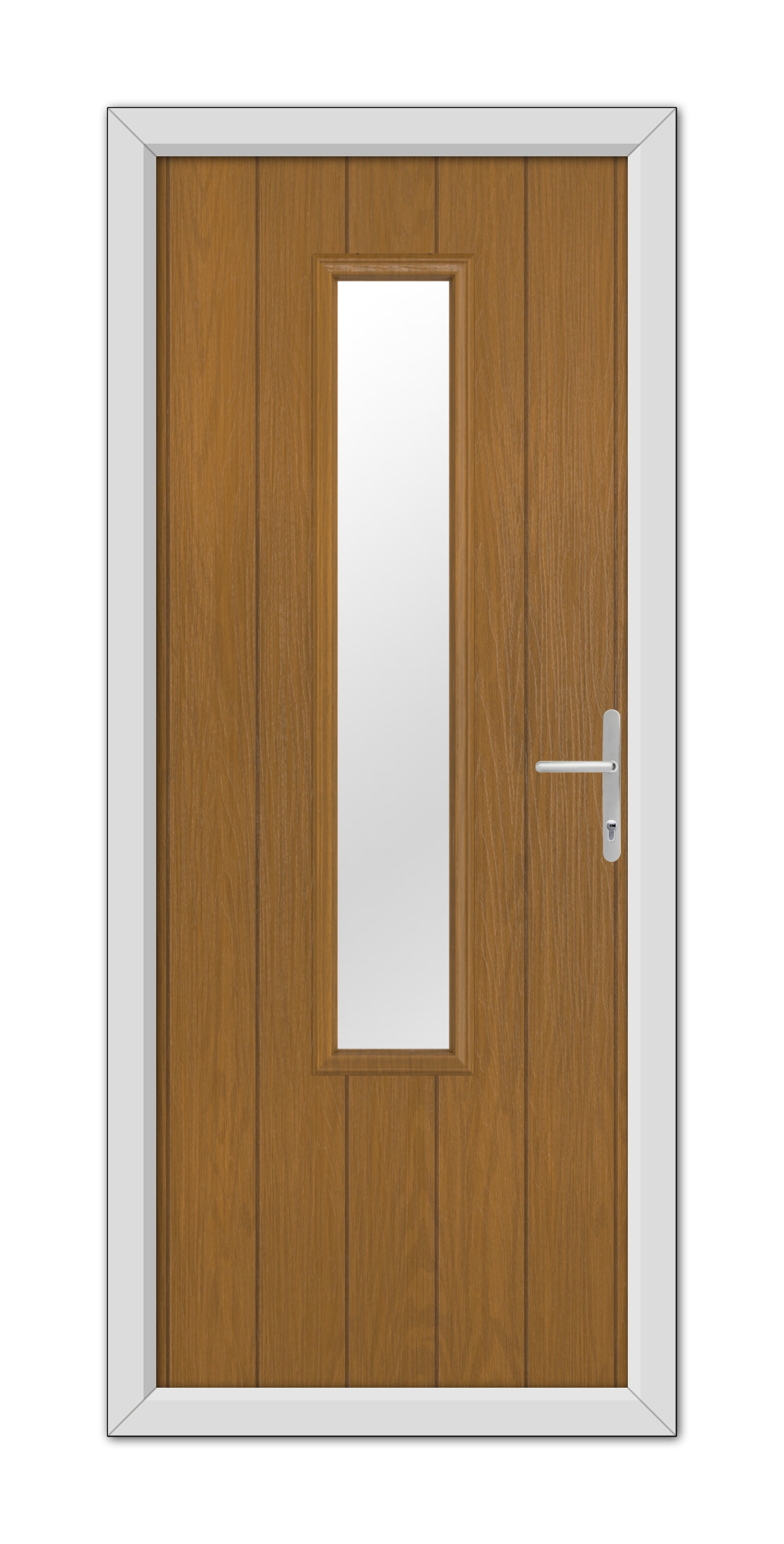 A Oak Abercorn Composite Door 48mm Timber Core with a vertical rectangular window and a metal handle, set within a white frame.