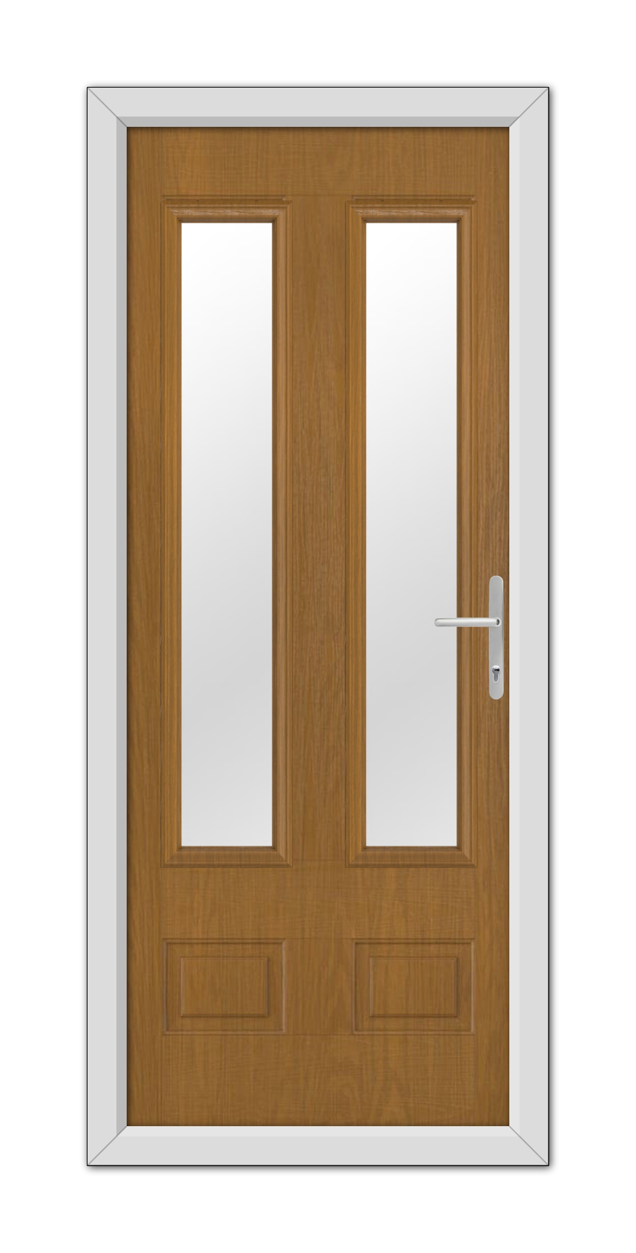 Oak Aston Glazed 2 Composite Door 48mm Timber Core with glass panels and a modern handle, set in a white frame.