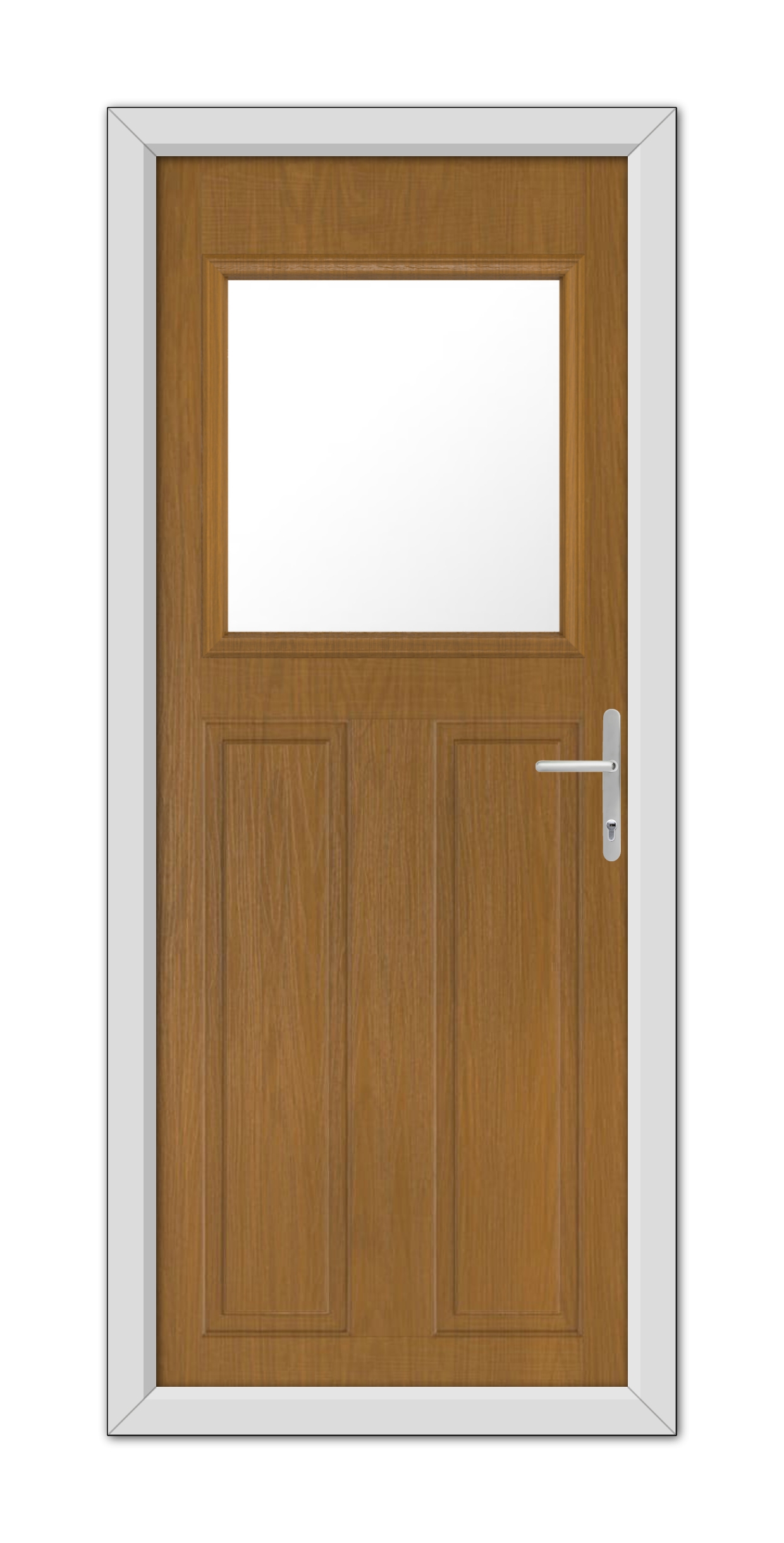 An Oak Axwell Composite Door 48mm Timber Core with a white frame, featuring a rectangular window and a metal handle on the right.