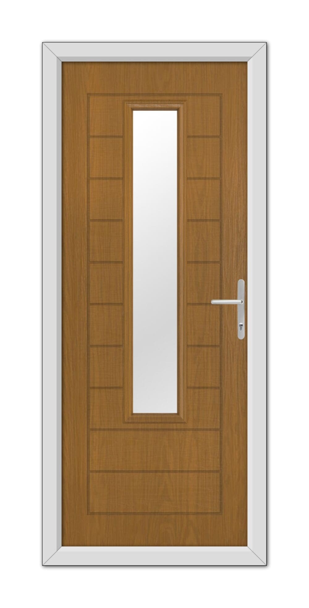 A Oak Bedford Composite Door 48mm Timber Core with a vertical glass panel and a metal handle, framed by a white door frame.