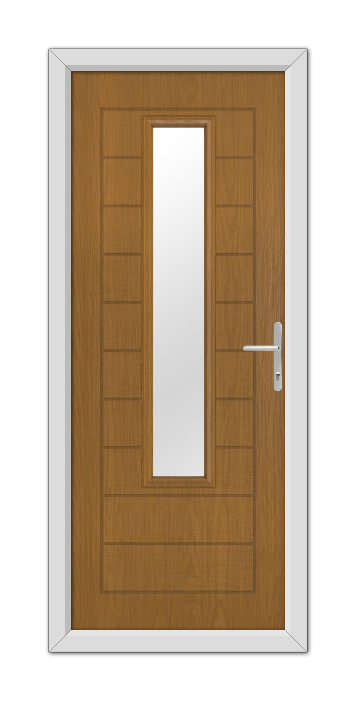 A Oak Bedford Composite Door 48mm Timber Core with a vertical glass panel and a metal handle, framed by a white door frame.