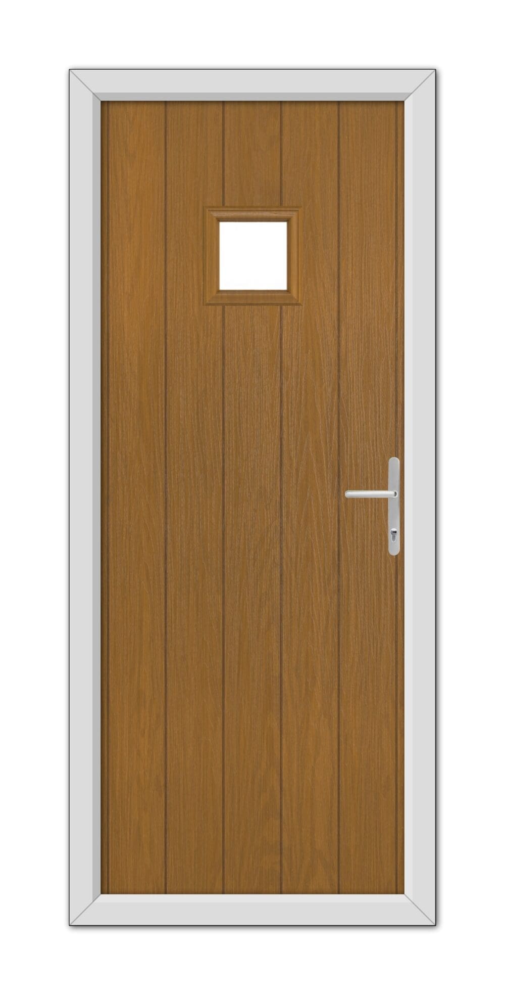 A modern Oak Brampton Composite door with a white frame, featuring a small square window at eye level and a metal handle on the right.