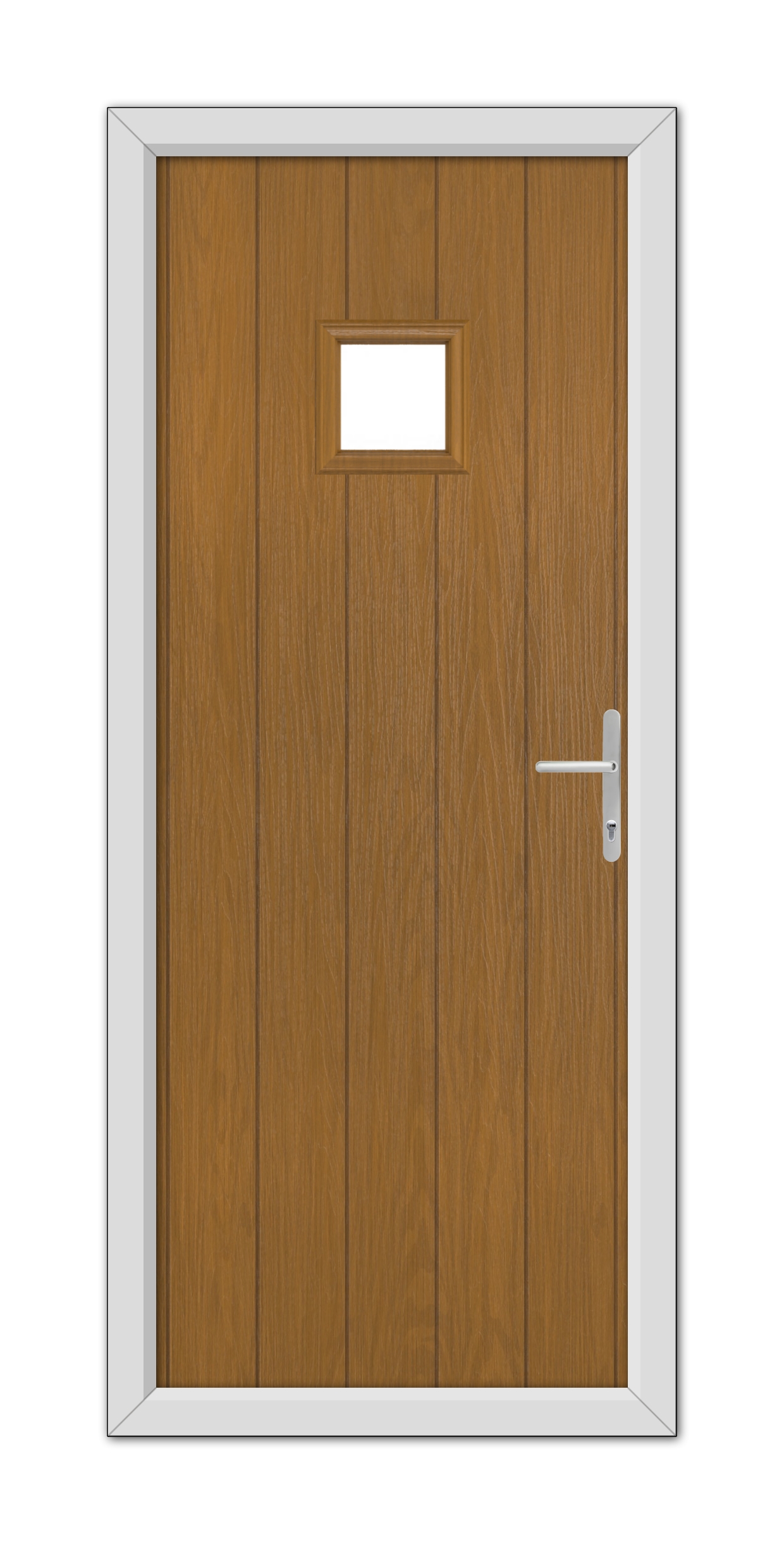 A modern Oak Brampton Composite door with a white frame, featuring a small square window at eye level and a metal handle on the right.