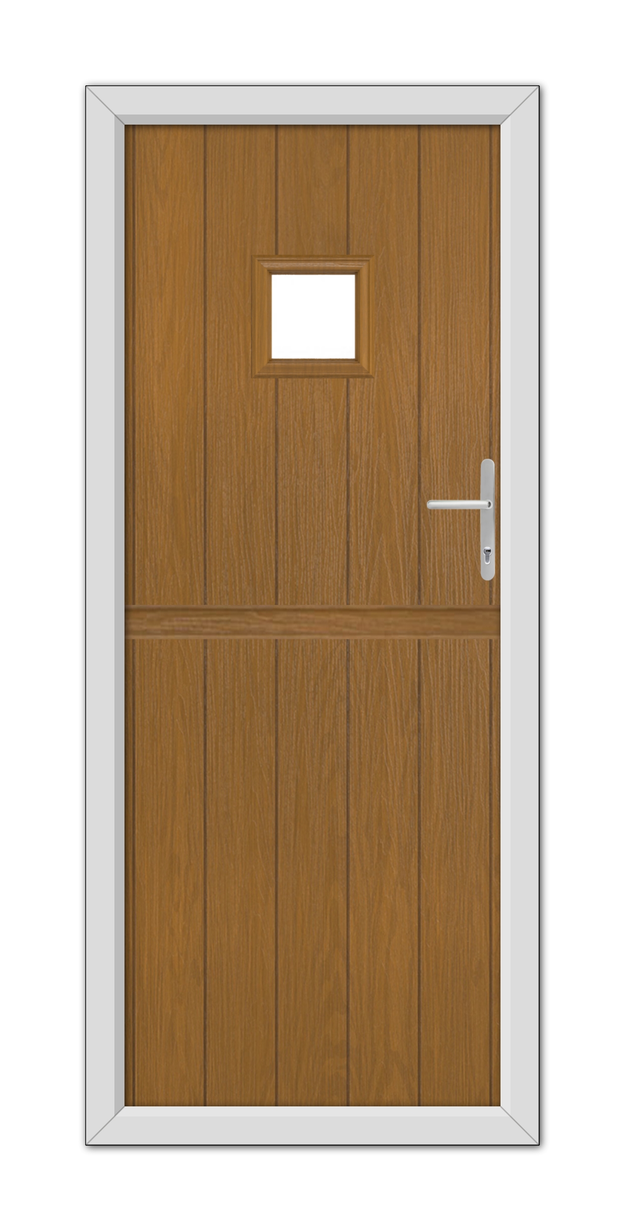 A modern Oak Brampton Stable Composite Door 48mm Timber Core with a small square window, equipped with a metal handle, set in a white frame.