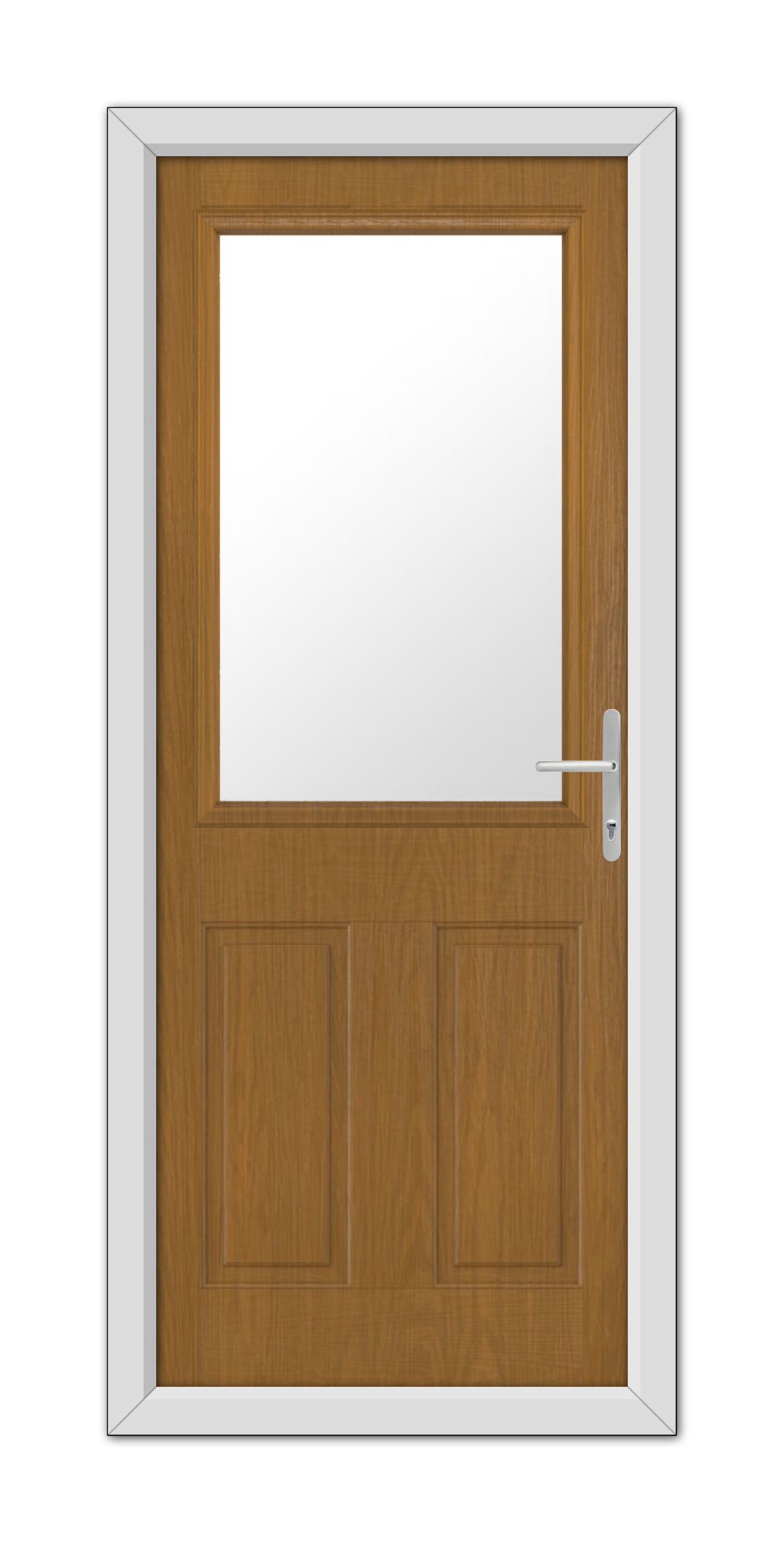 A closed Oak Buxton Composite Door 48mm Timber Core with a white frame and a rectangular glass pane at the top, featuring a modern handle on the right side.