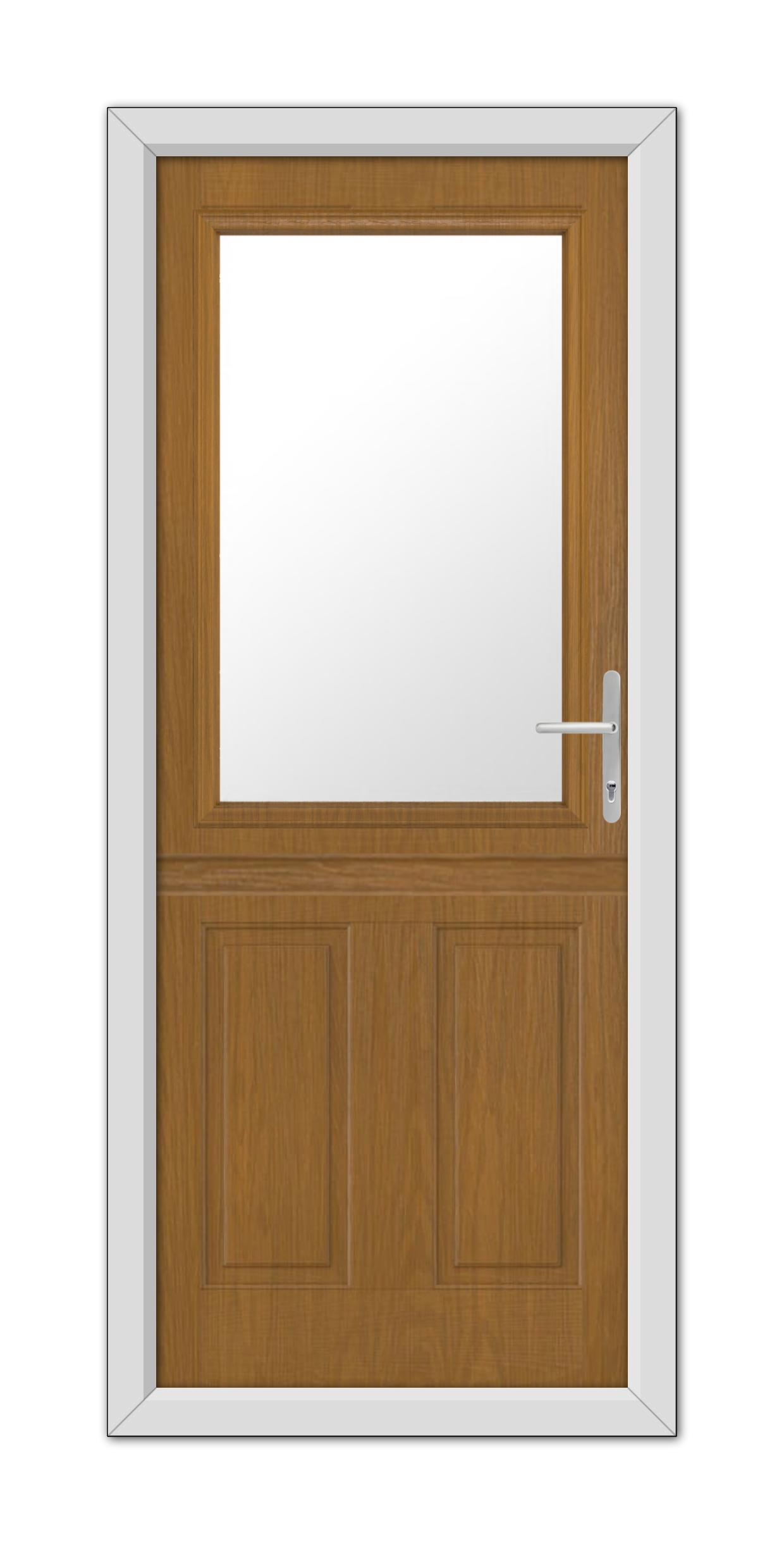 A Oak Buxton Stable Composite Door with a centered, rectangular frosted glass window, featuring a white frame and a metal handle on the right side.