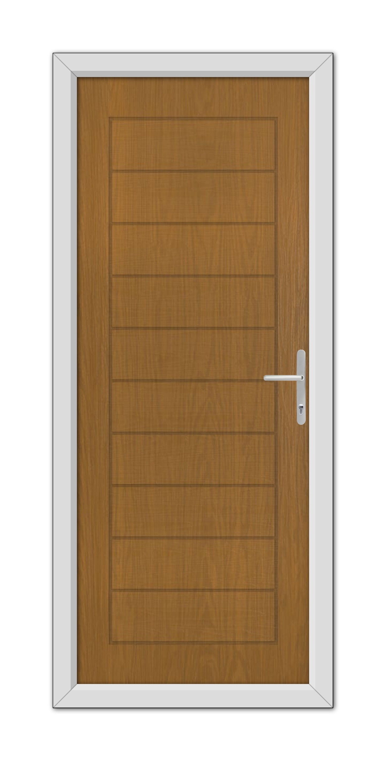 A closed Oak Cambridge Composite Door 48mm Timber Core with a metal handle, set within a white door frame, viewed frontally.