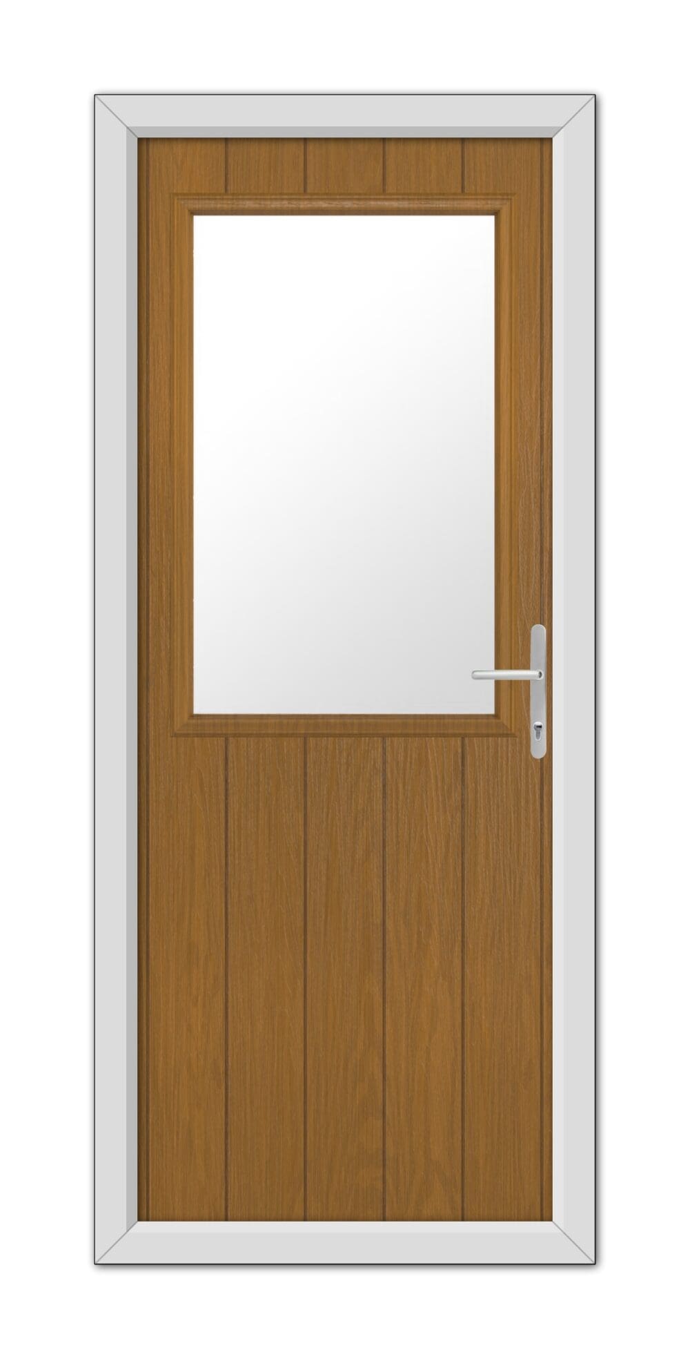 A Oak Clifton Composite Door 48mm Timber Core with a white frame featuring a centered glass window and a metal handle, isolated on a white background.
