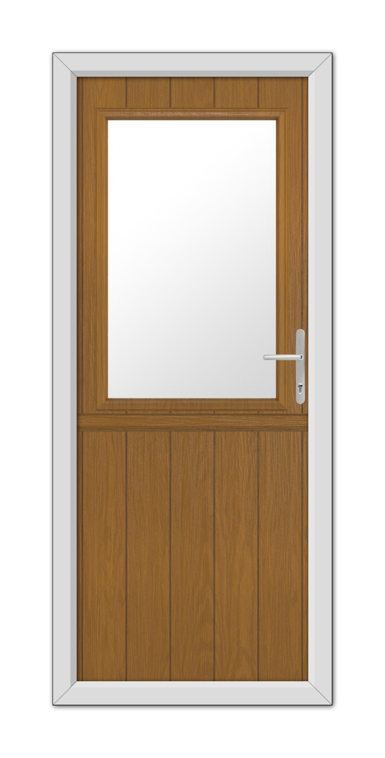 A modern Oak Clifton Stable Composite Door 48mm Timber Core with a square glass window at the top and a metal handle on the right, set within a white frame.
