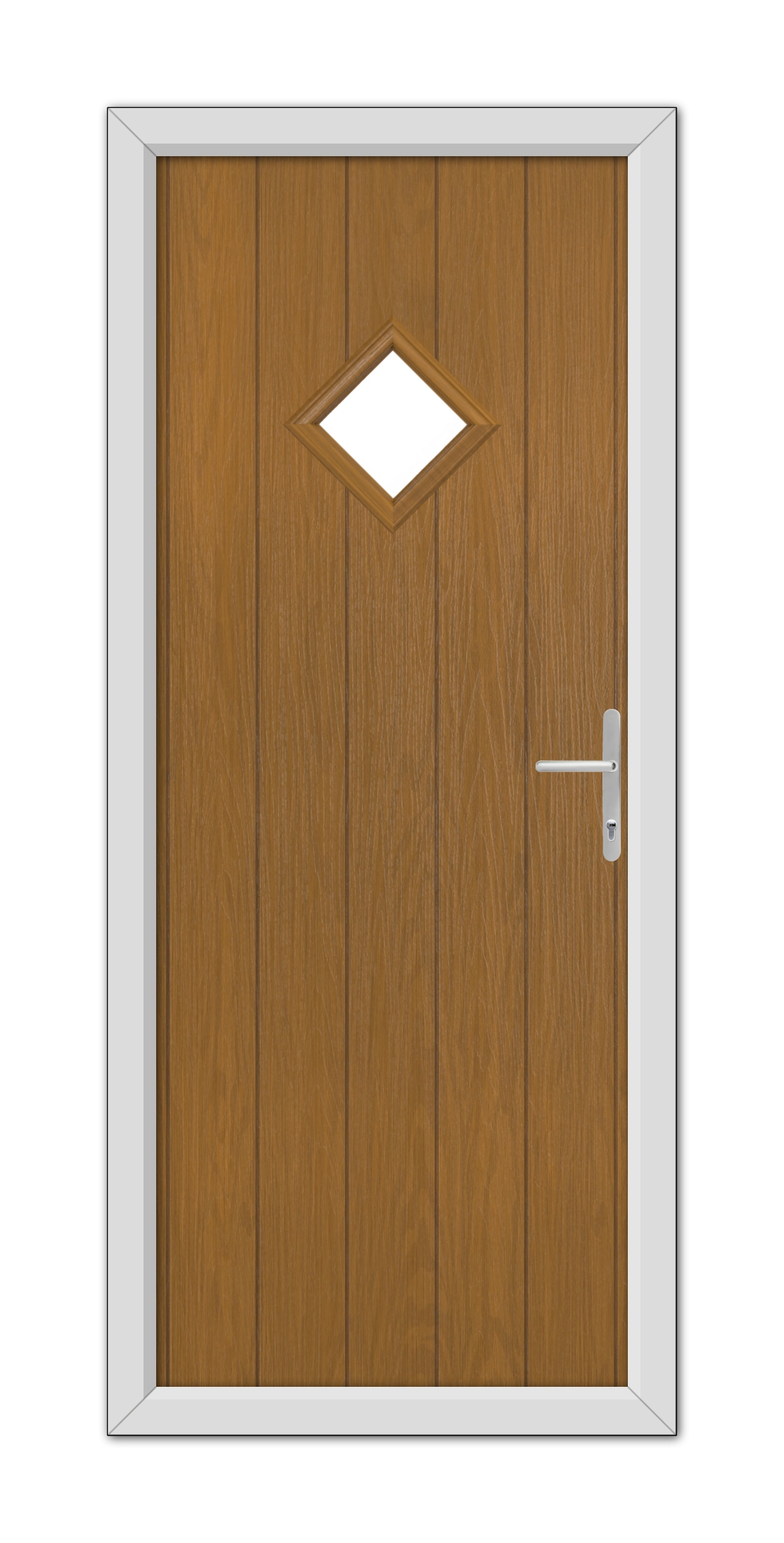 Oak Cornwall Composite Door 48mm Timber Core with a diamond-shaped window, set in a white frame, equipped with a modern silver handle.