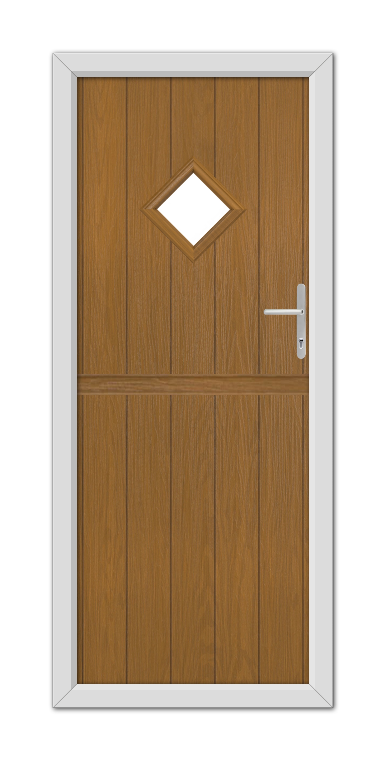 A modern Oak Cornwall Stable Composite Door 48mm Timber Core with a diamond-shaped window, framed in white, featuring a metal handle on the right side.