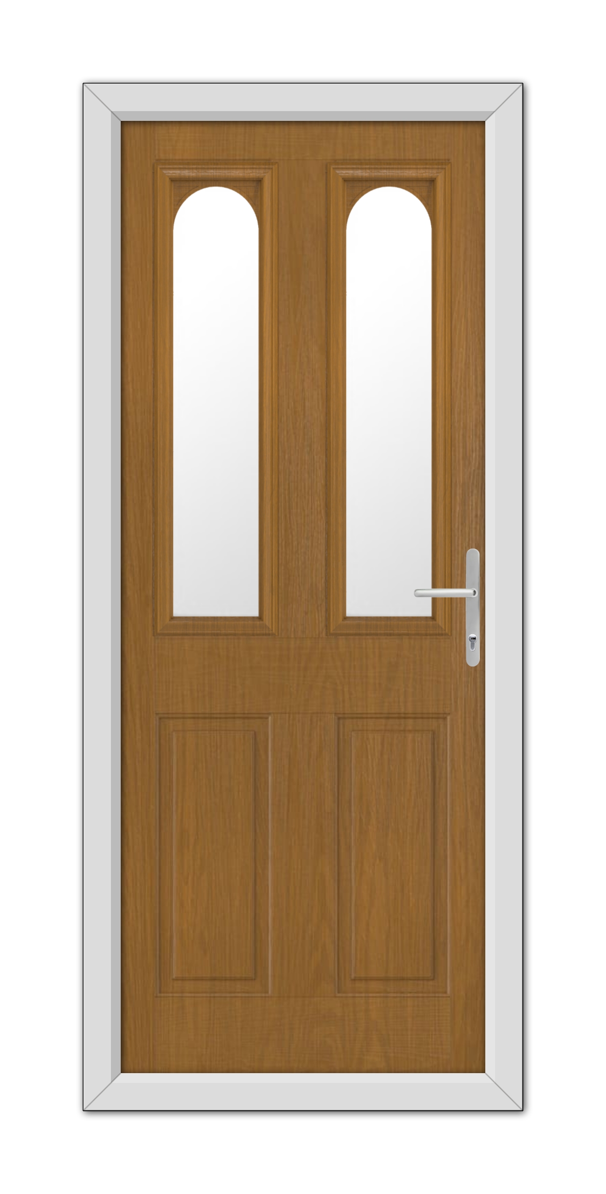 A Oak Elmhurst Composite Door 48mm Timber Core with two vertical glass panels and a modern handle, set in a white frame.