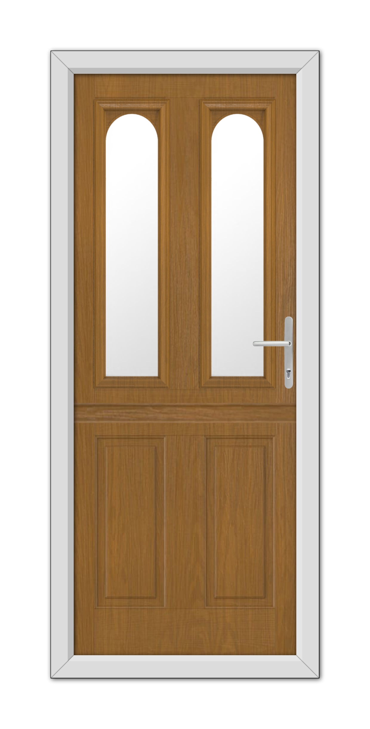 A Oak Elmhurst Stable Composite Door 48mm Timber Core with two top arched glass panels, framed in white, featuring a modern handle on the right.