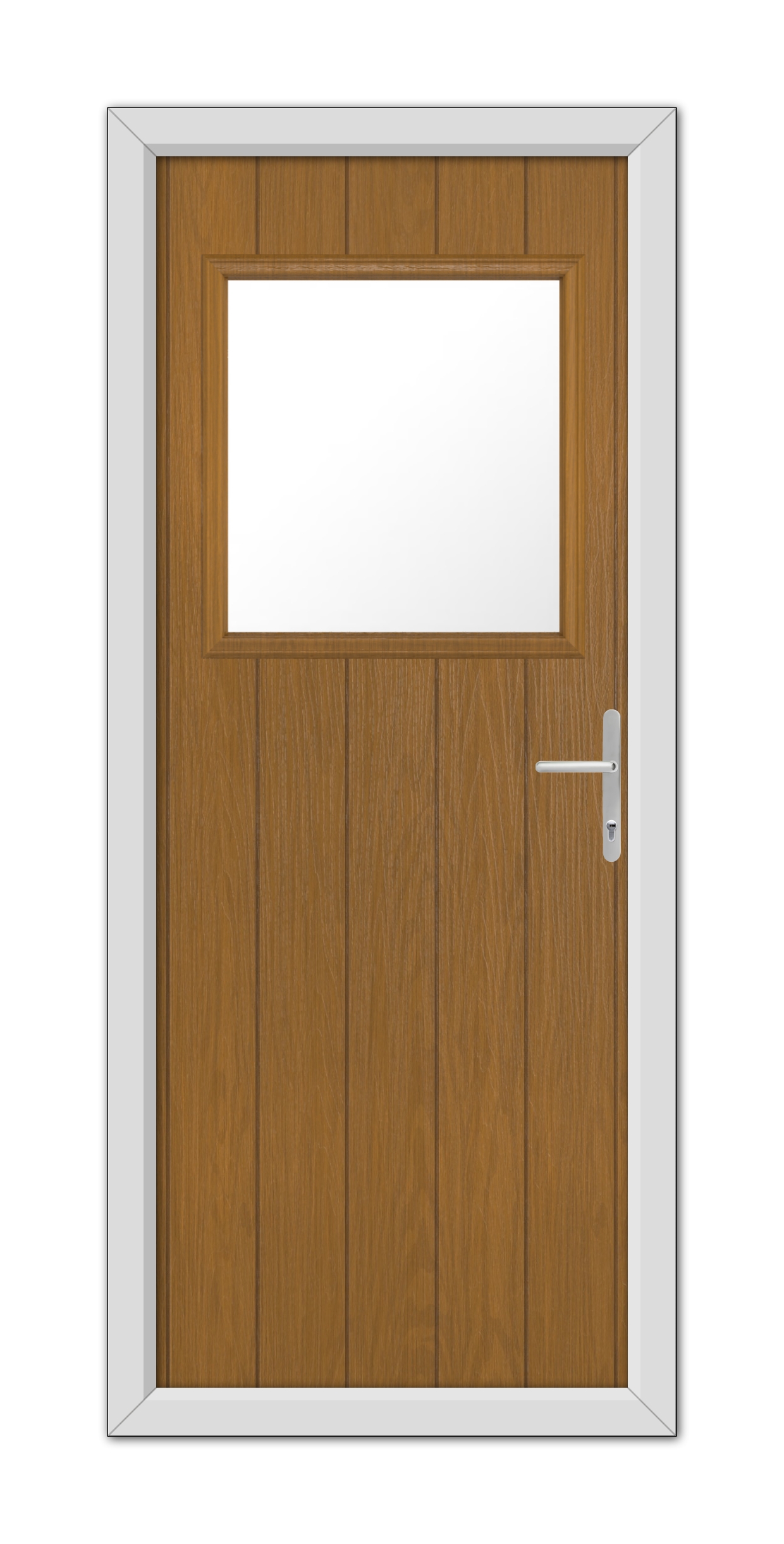 A Oak Fife Composite Door 48mm Timber Core with a rectangular window and a modern handle, set within a white frame.