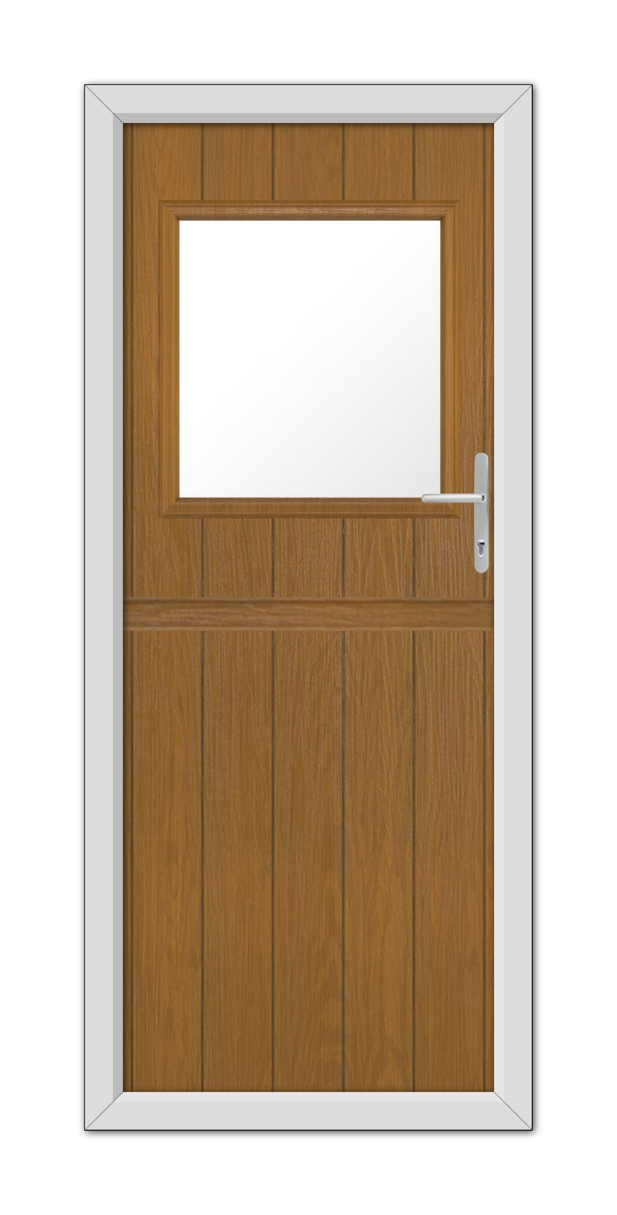 A Oak Fife Stable Composite Door 48mm Timber Core with a small, centered window, framed in white, featuring a modern handle on the right side.