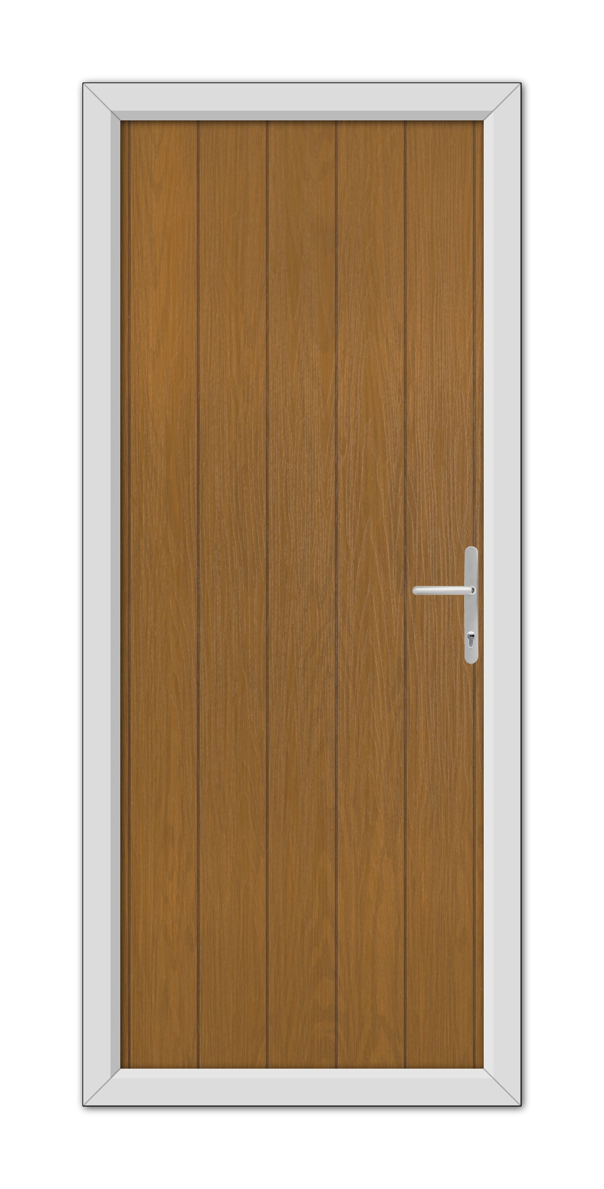 A closed Oak Gloucester Composite Door 48mm Timber Core with a metal handle, framed by a white border, viewed head-on.