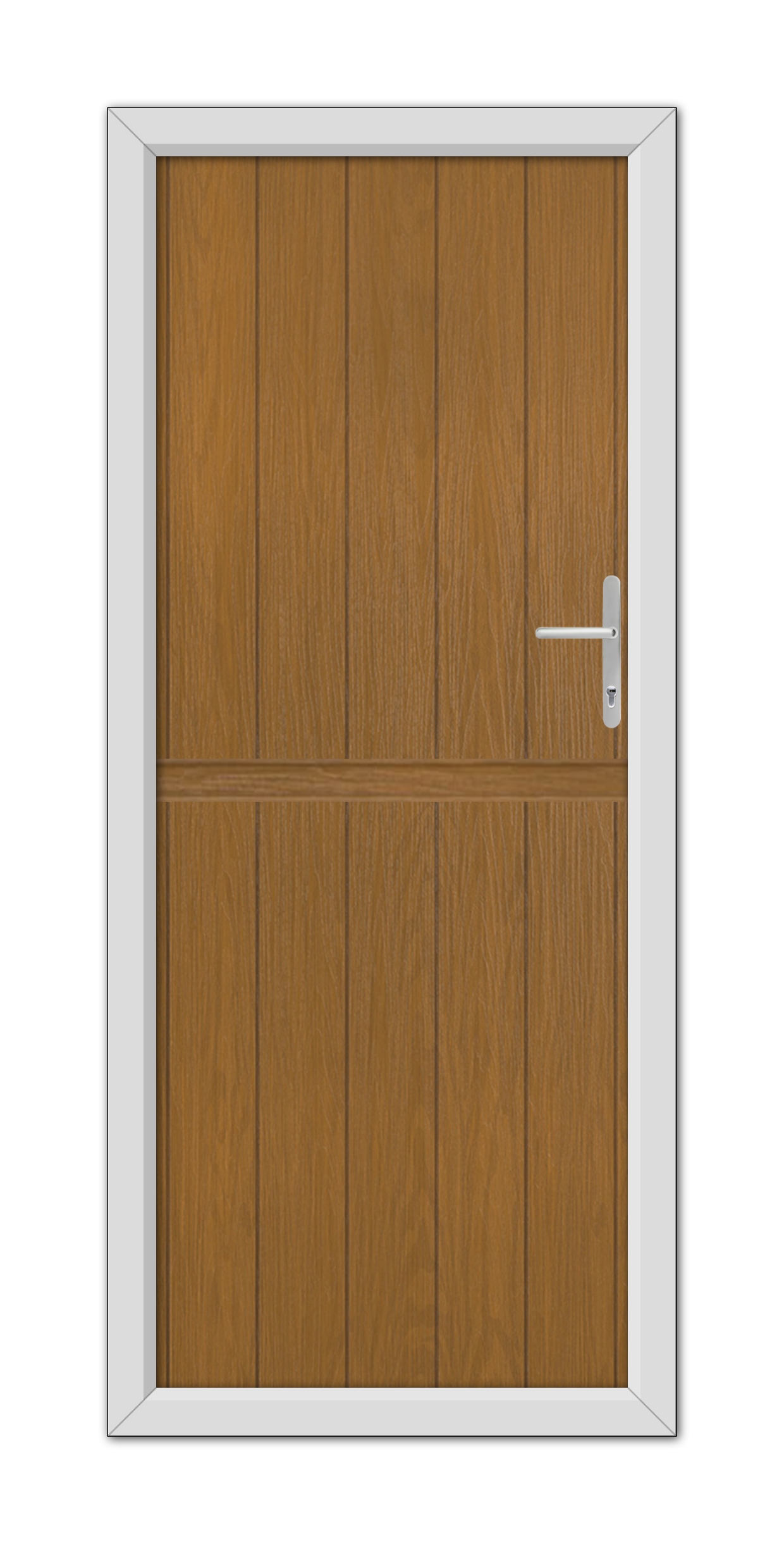 A modern Oak Gloucester Stable Composite Door 48mm Timber Core with a metal handle, framed by a white border, isolated on a white background.