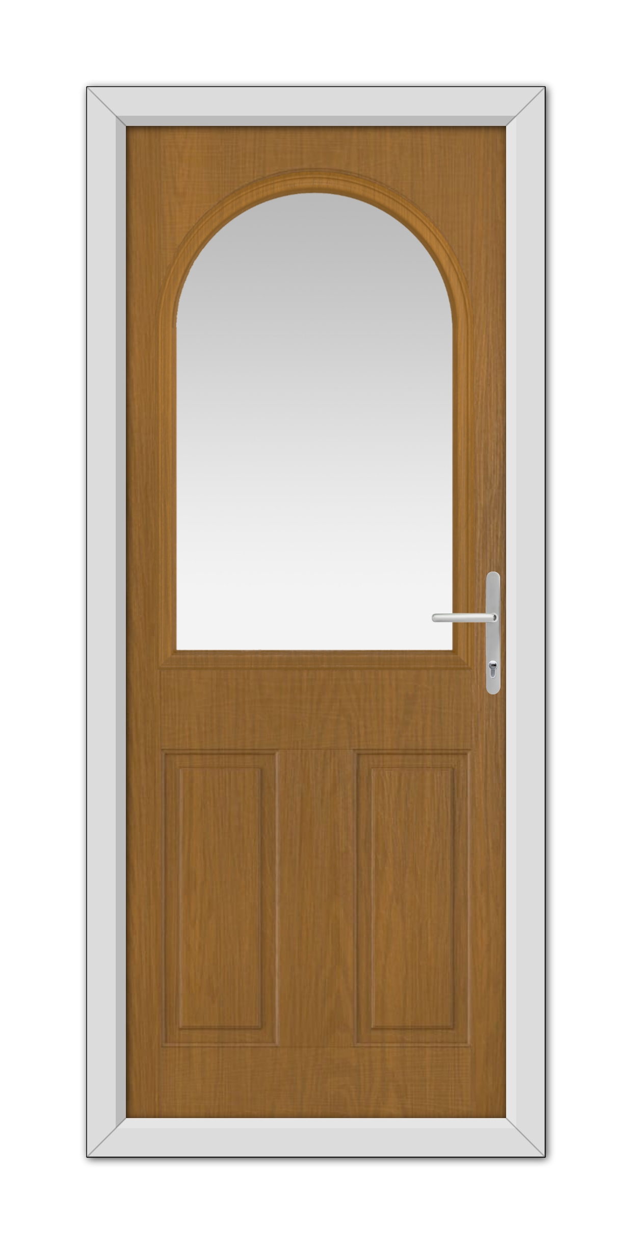 A Oak Grafton Composite Door 48mm Timber Core with a white frame and arched glass panel at the top, equipped with a modern handle on the right side.