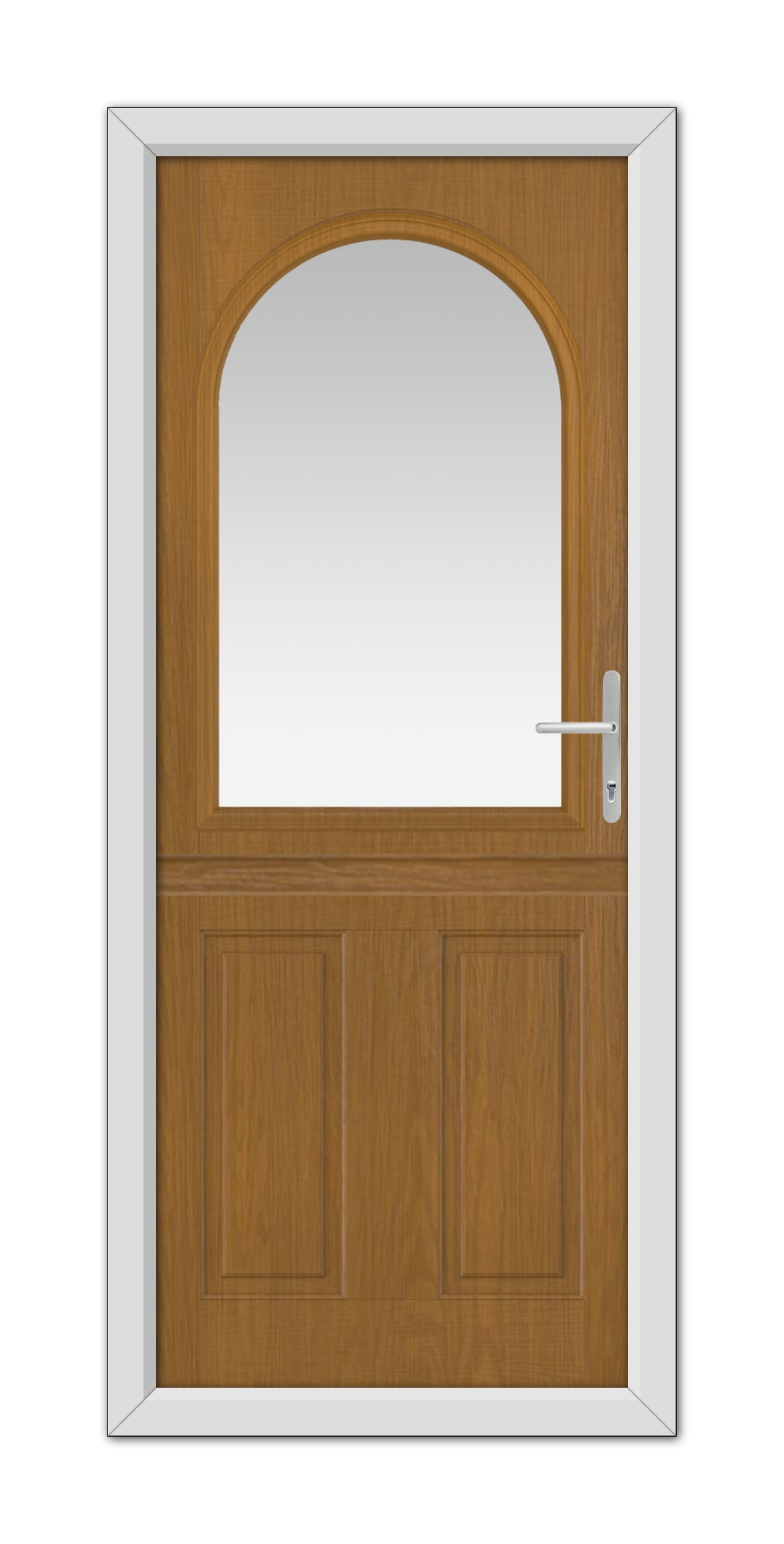 A Oak Grafton Stable Composite Door 48mm Timber Core with a rounded top half, a white door frame, and a metal handle on the right side.