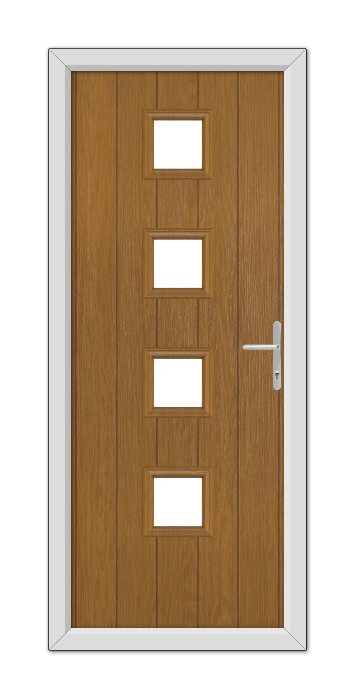 A modern Oak Hamilton Composite Door 48mm Timber Core with a silver handle and four rectangular glass panels, set in a white frame, isolated on a white background.
