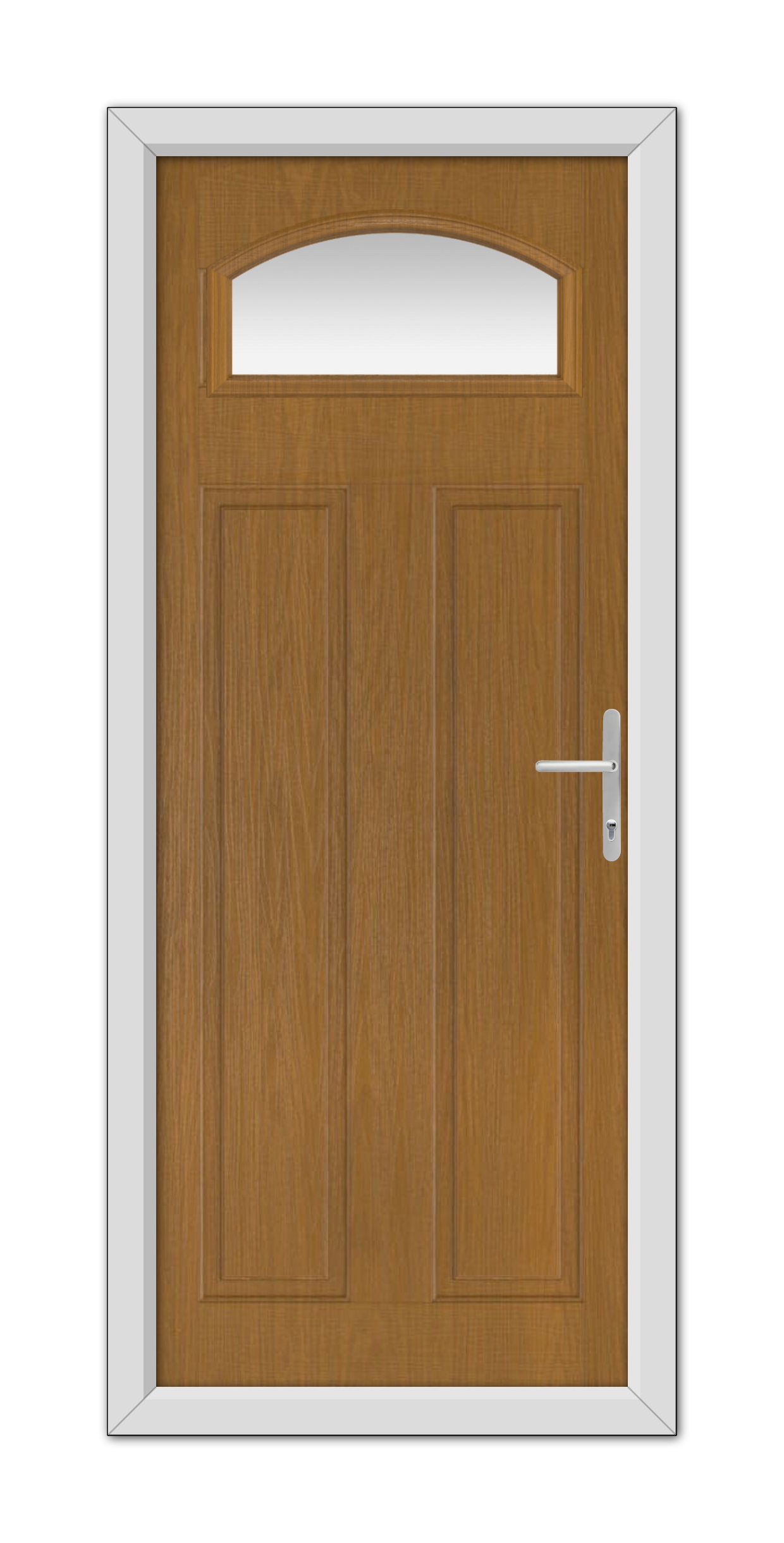 Oak Harlington Composite Door 48mm Timber Core with a white frame, featuring an oval window at the top and a metal handle on the right side.