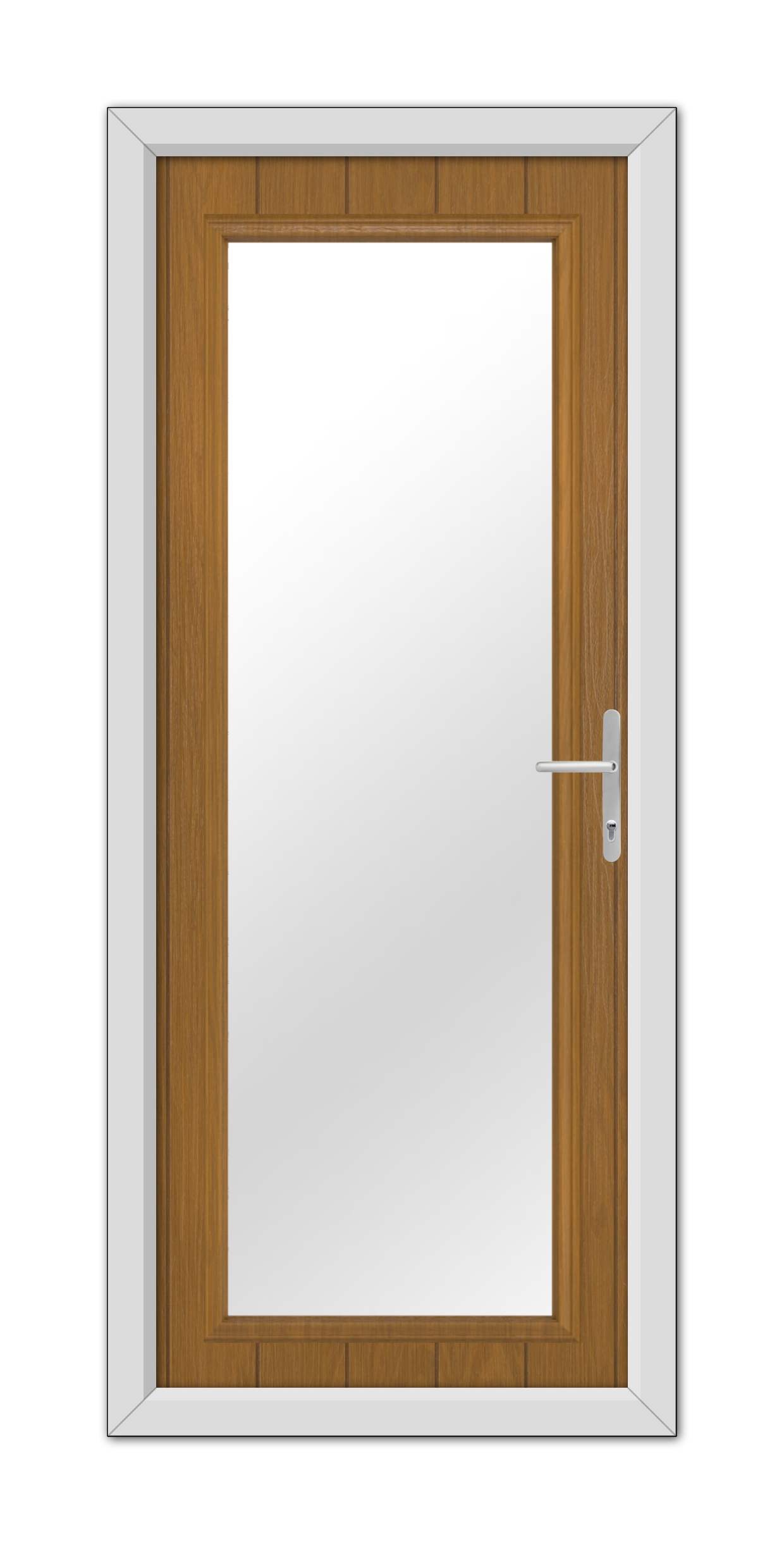 A closed Oak Hatton Composite Door with a vertical glass panel in the center, featuring a white frame and a metallic door handle on the right side.