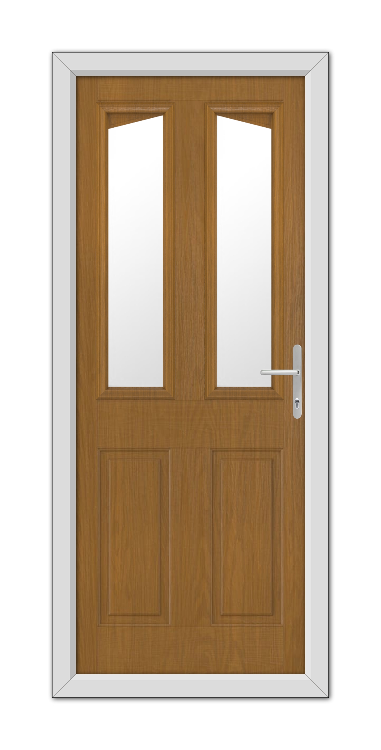 A Oak Highbury Composite Door 48mm Timber Core with glass panels on the top half and a metallic handle on the right, set in a white frame.