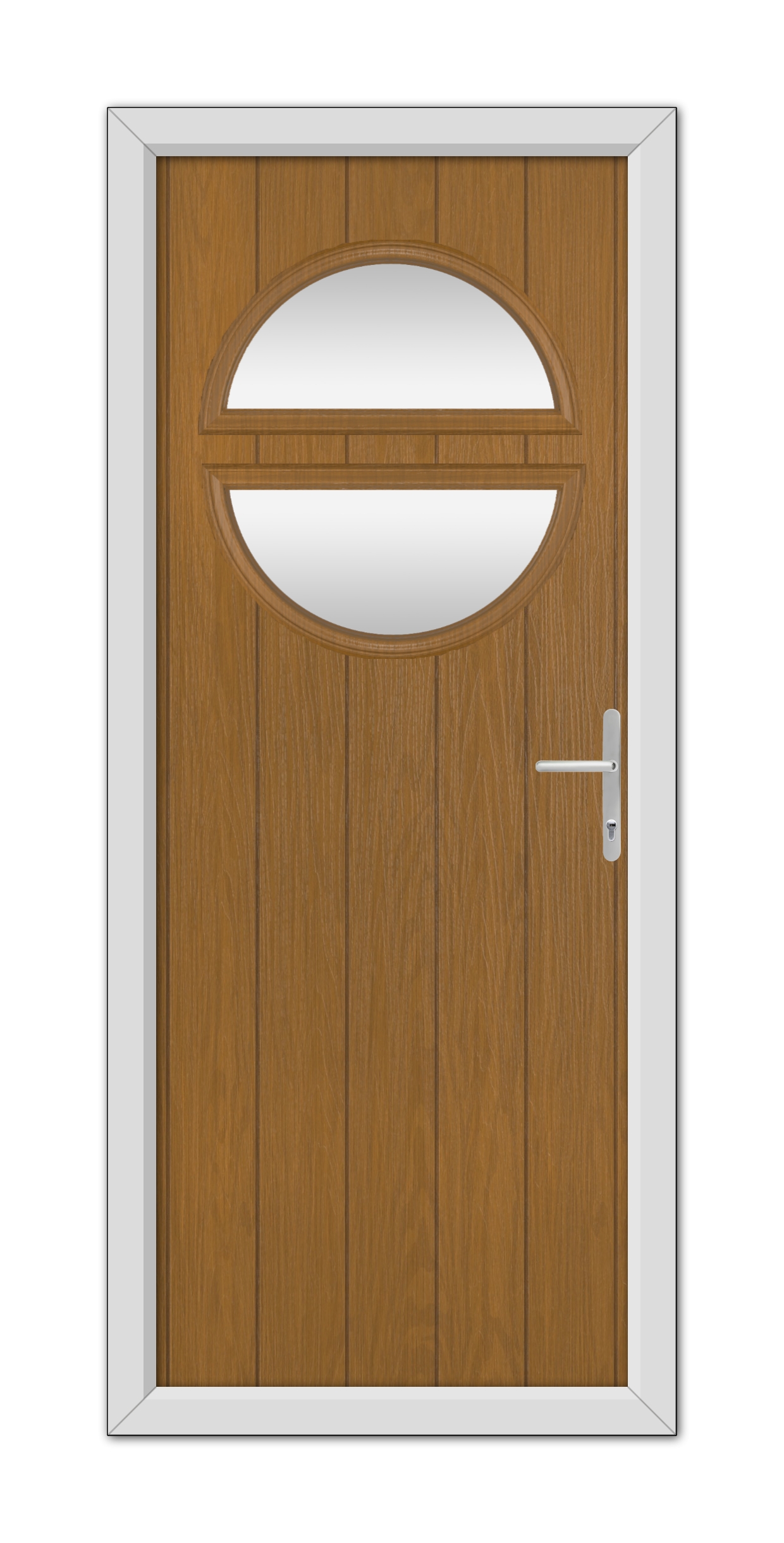 A modern Oak Kent Composite Door 48mm Timber Core with a half-circle glass window at the top, framed in white with a metal handle on the right side.