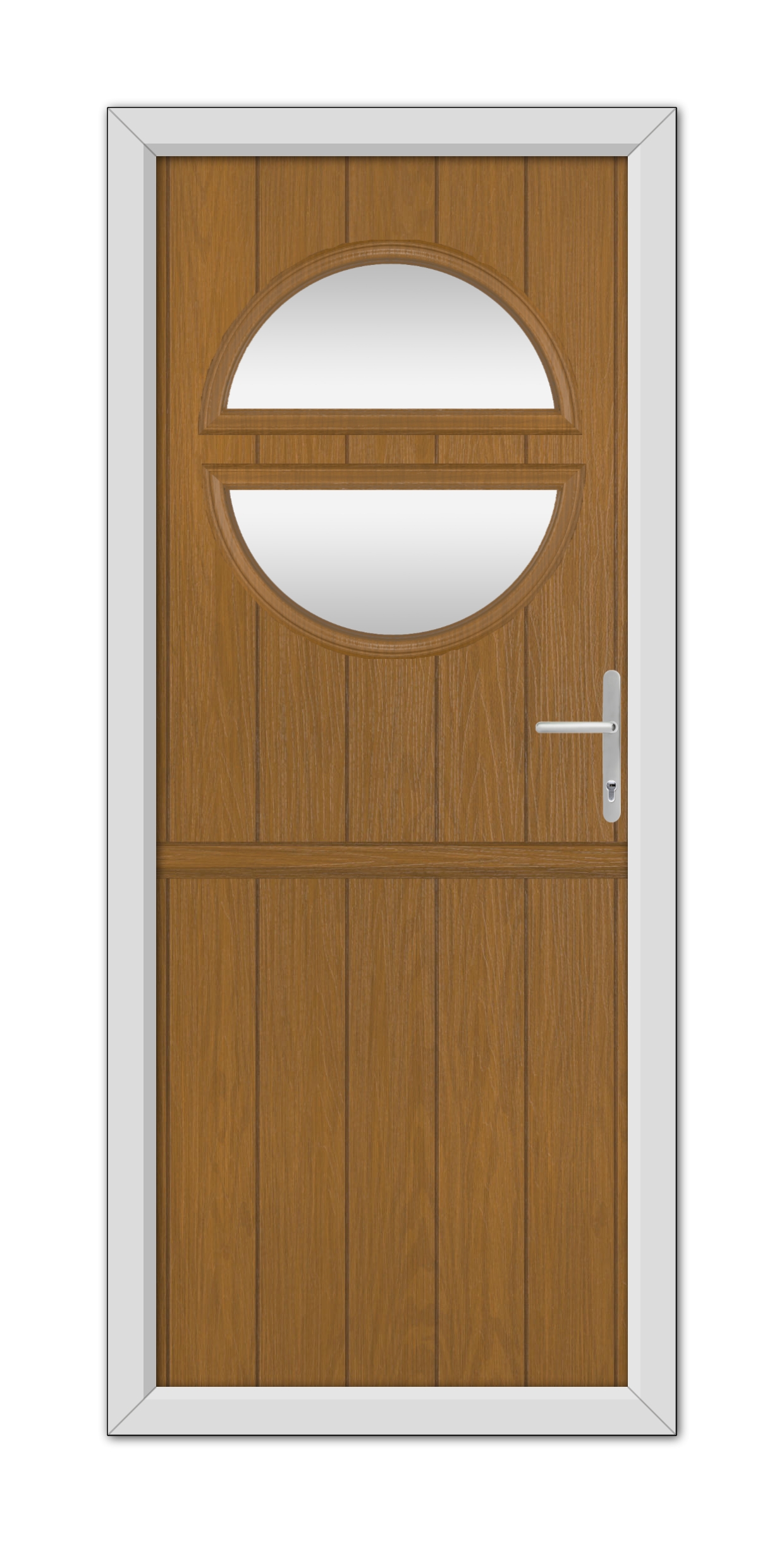 A Oak Kent Stable Composite Door 48mm Timber Core with a half-circle window at the top and a modern handle, framed in white.