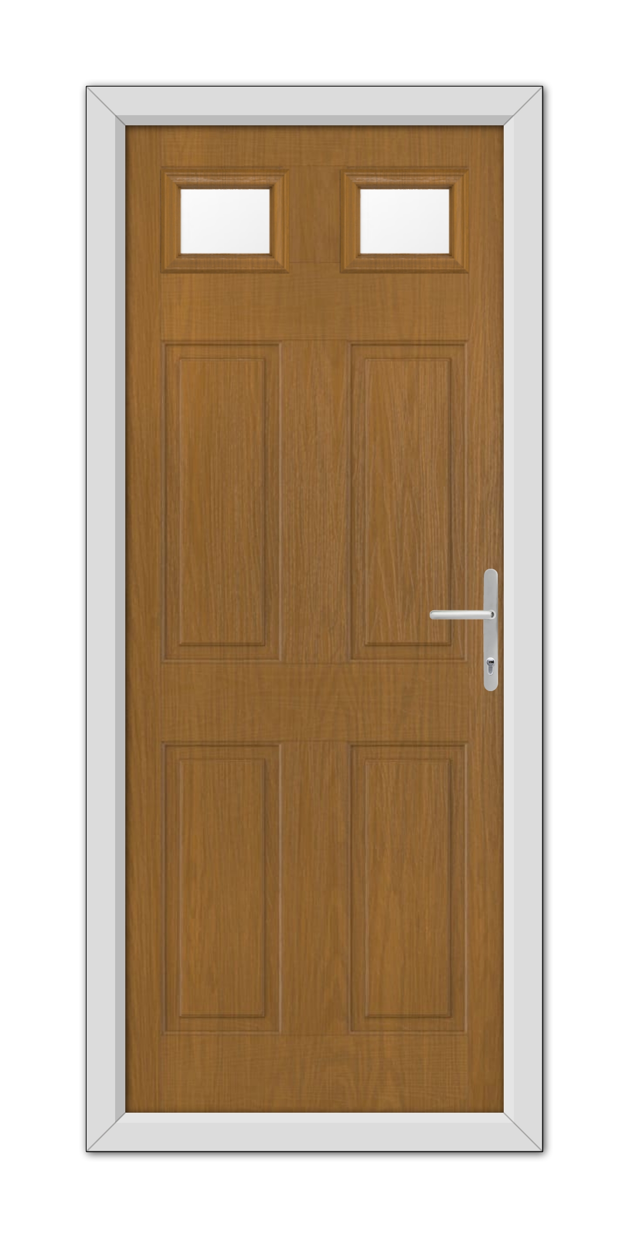 A Oak Middleton Glazed 2 Composite Door 48mm Timber Core with a white frame, featuring two rectangular windows at the top and a modern handle on the right side.
