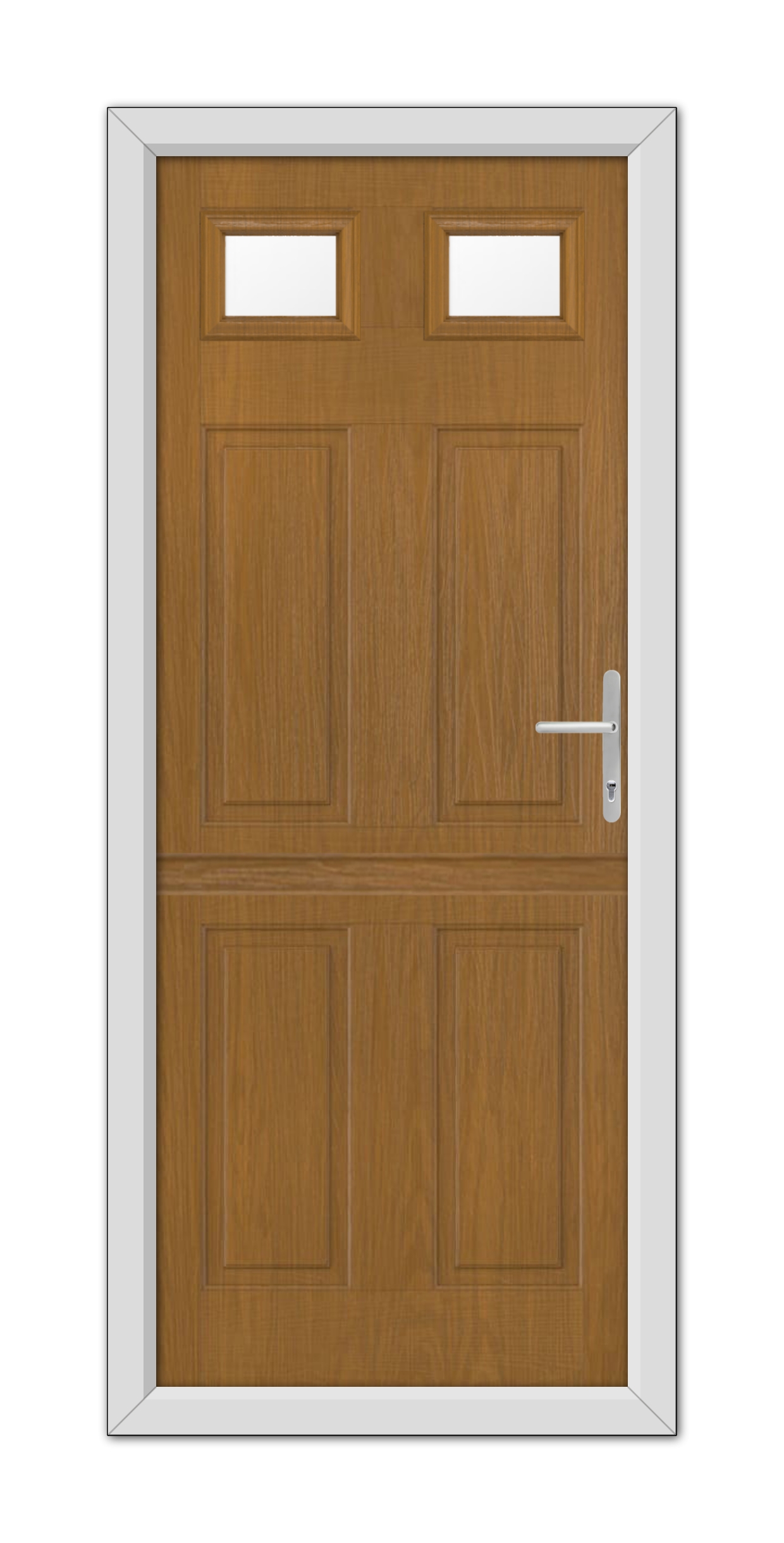 Oak Middleton Glazed 2 Stable Composite Door 48mm Timber Core with two square windows at the top and a metal handle, set in a white frame.