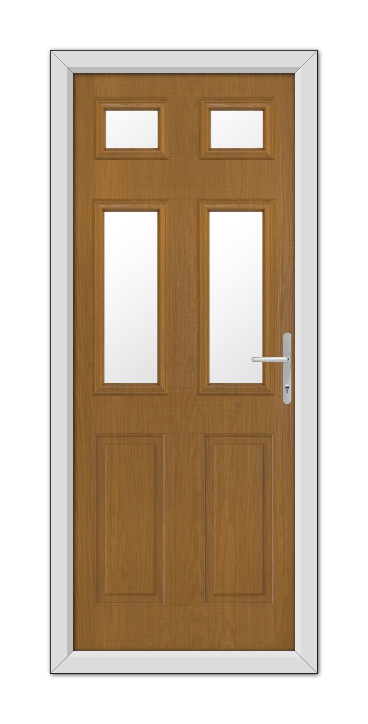 A Oak Middleton Glazed 4 Composite Door with two small rectangular windows near the top and a metallic handle on the right side, set within a white door frame.