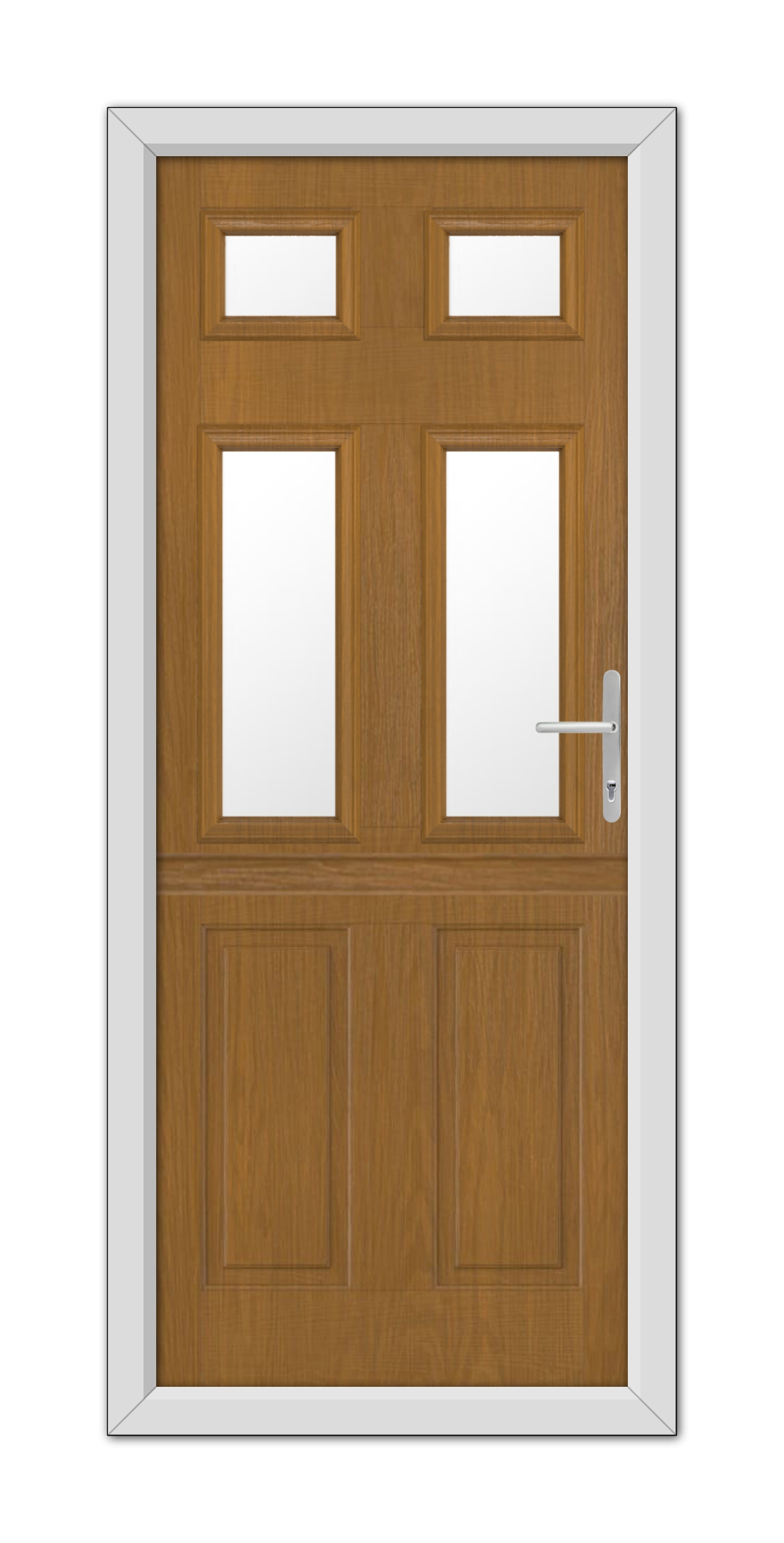 A modern Oak Middleton Glazed 4 Stable composite door with two square glass panels at the top, a metal handle on the right, and a white frame.