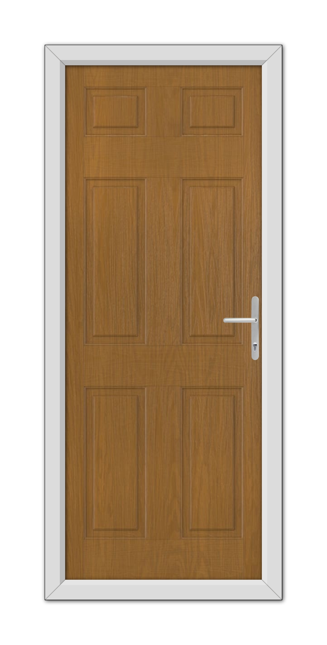 A Oak Middleton Solid Composite Door 48mm Timber Core with a white frame and a metallic handle, set against a plain background.
