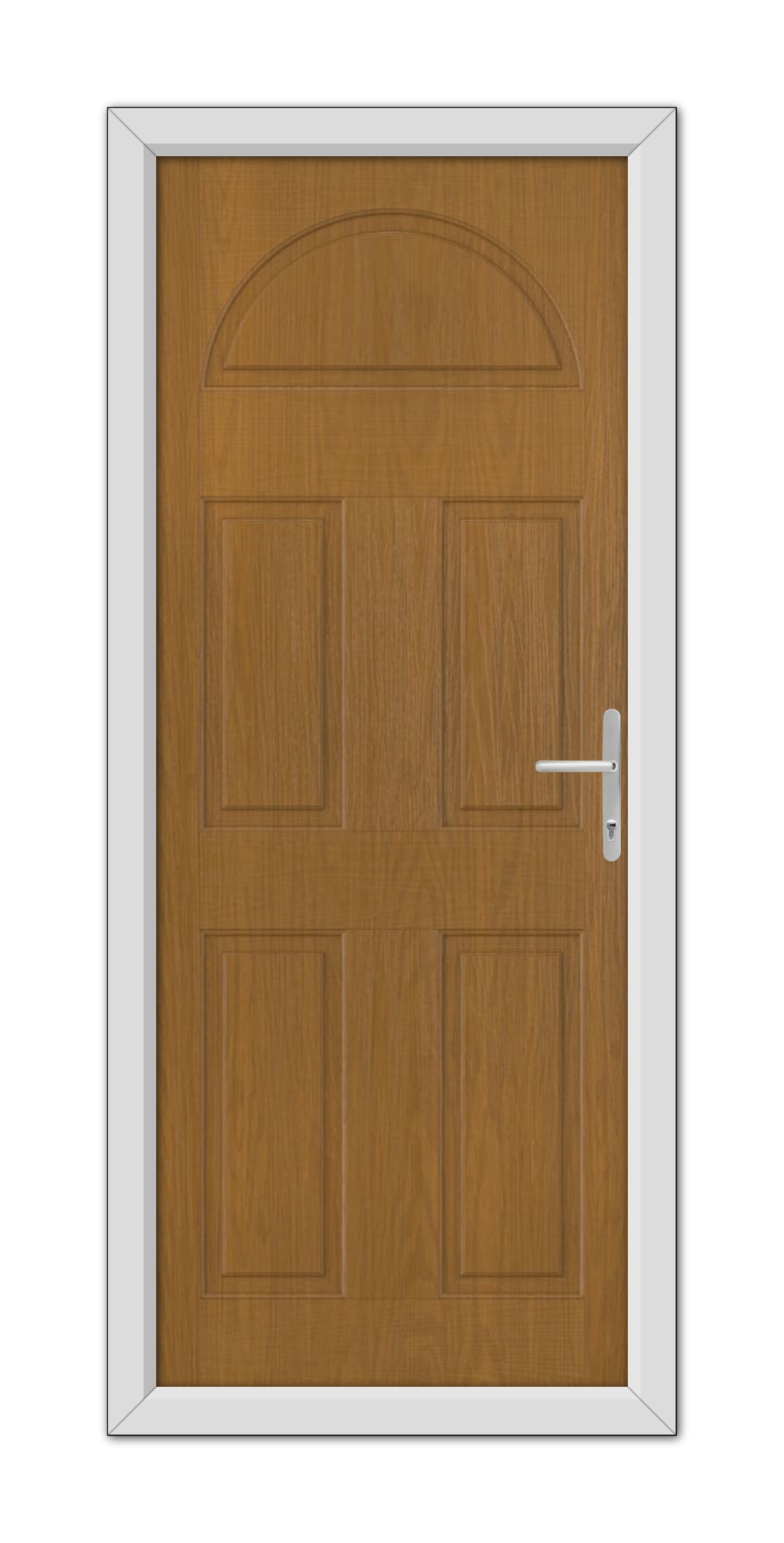 A Oak Middleton Solid Stable Composite Door 48mm Timber Core with six panels and an arch design at the top, featuring a modern handle, set within a white frame.