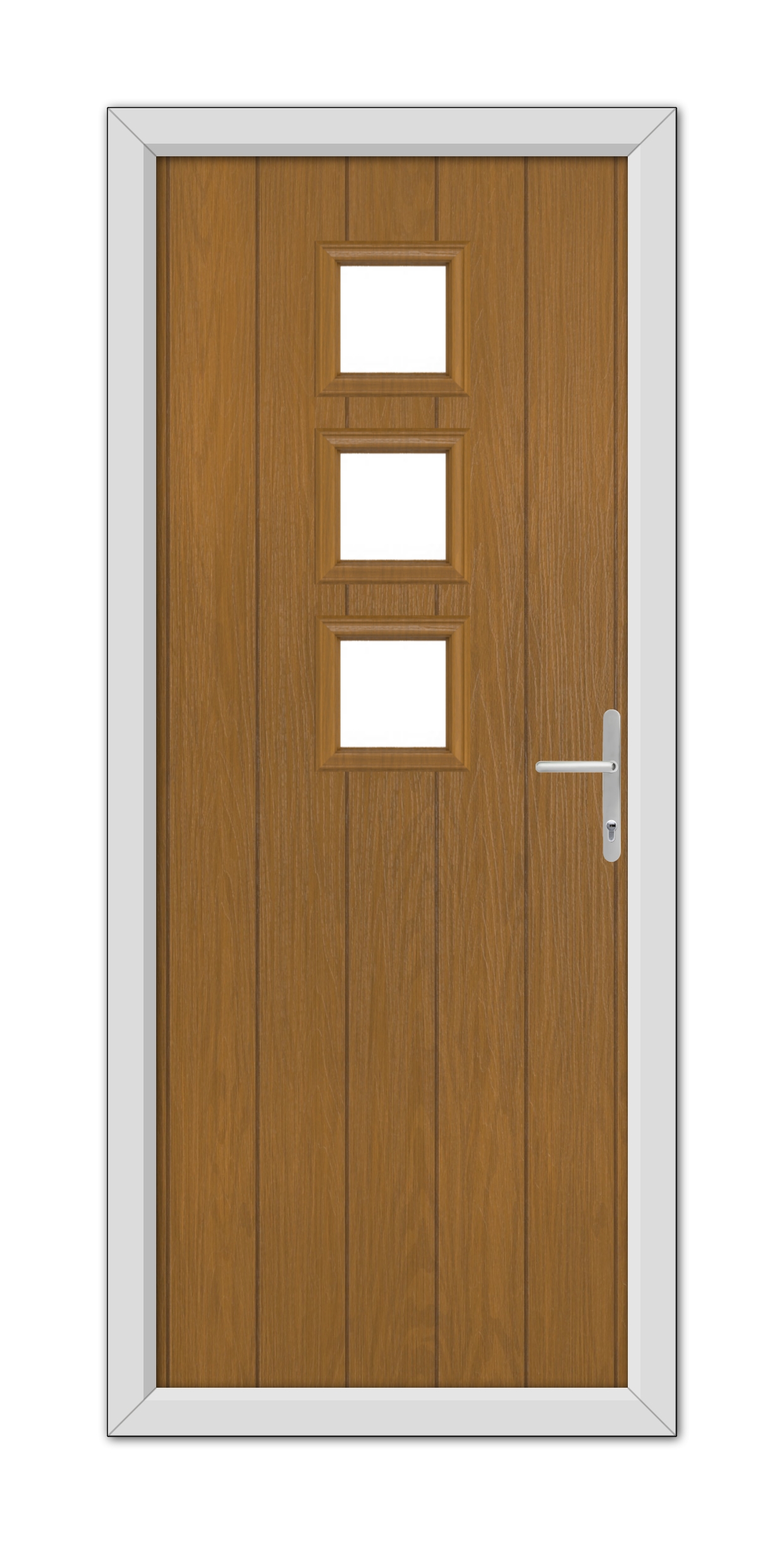 A modern Oak Montrose Composite Door 48mm Timber Core with three square windows and a silver handle, set within a white frame.