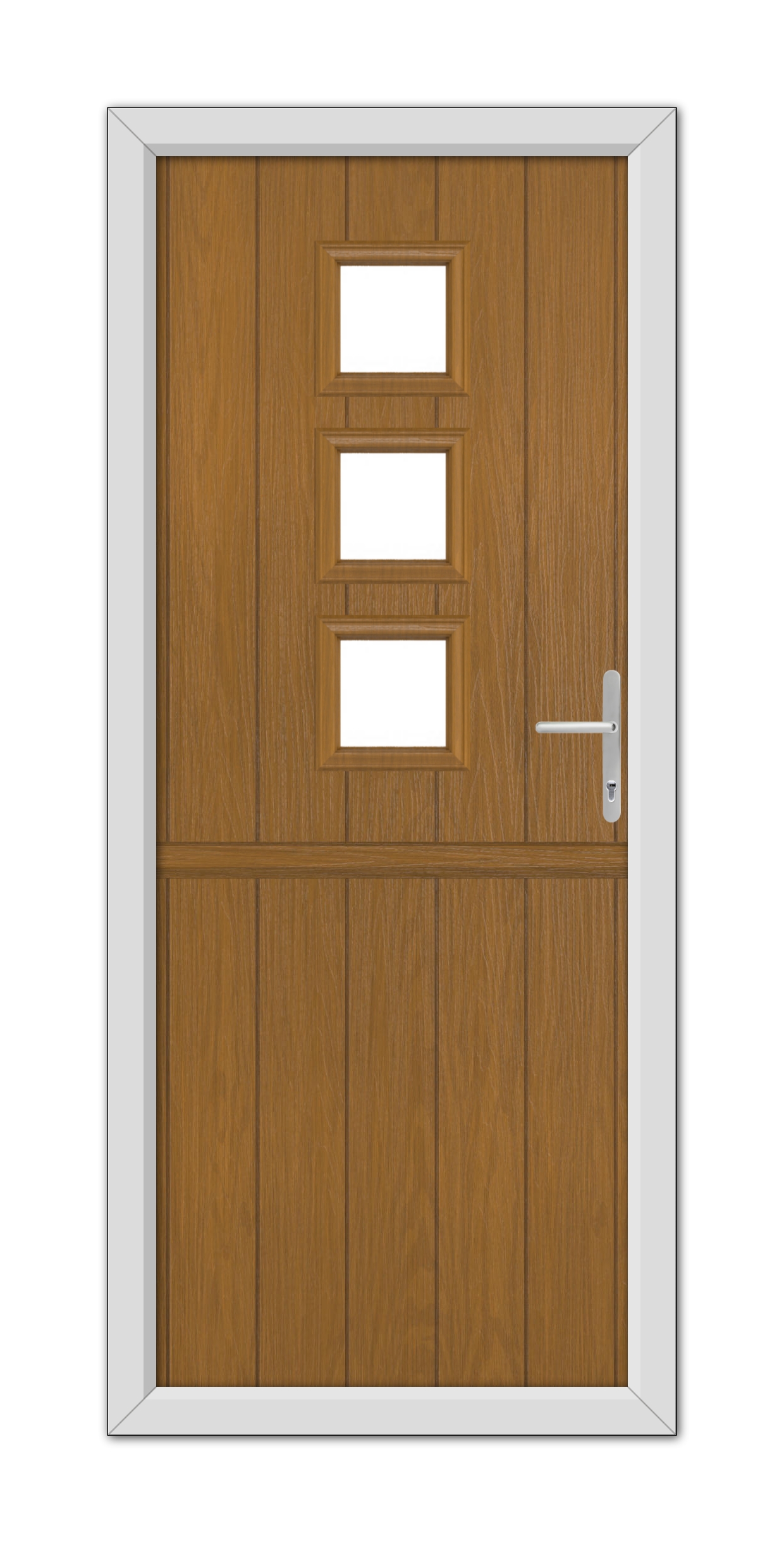 A modern Oak Montrose Stable Composite Door 48mm Timber Core with three small rectangular windows, framed in white, featuring a metal handle on the right side.