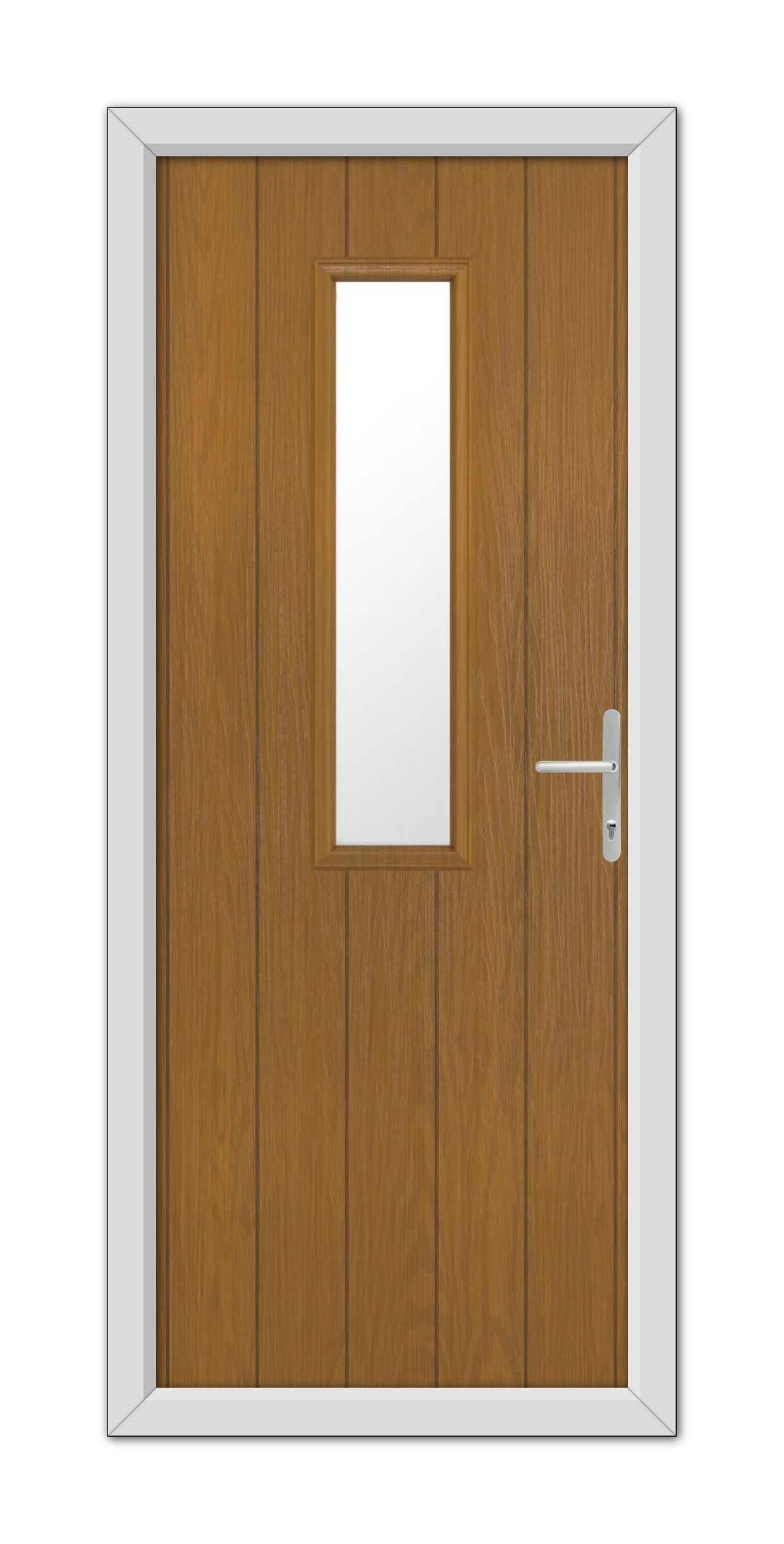 A modern Oak Mowbray Composite Door 48mm Timber Core with a central vertical glass panel and a white handle, set in a white frame.