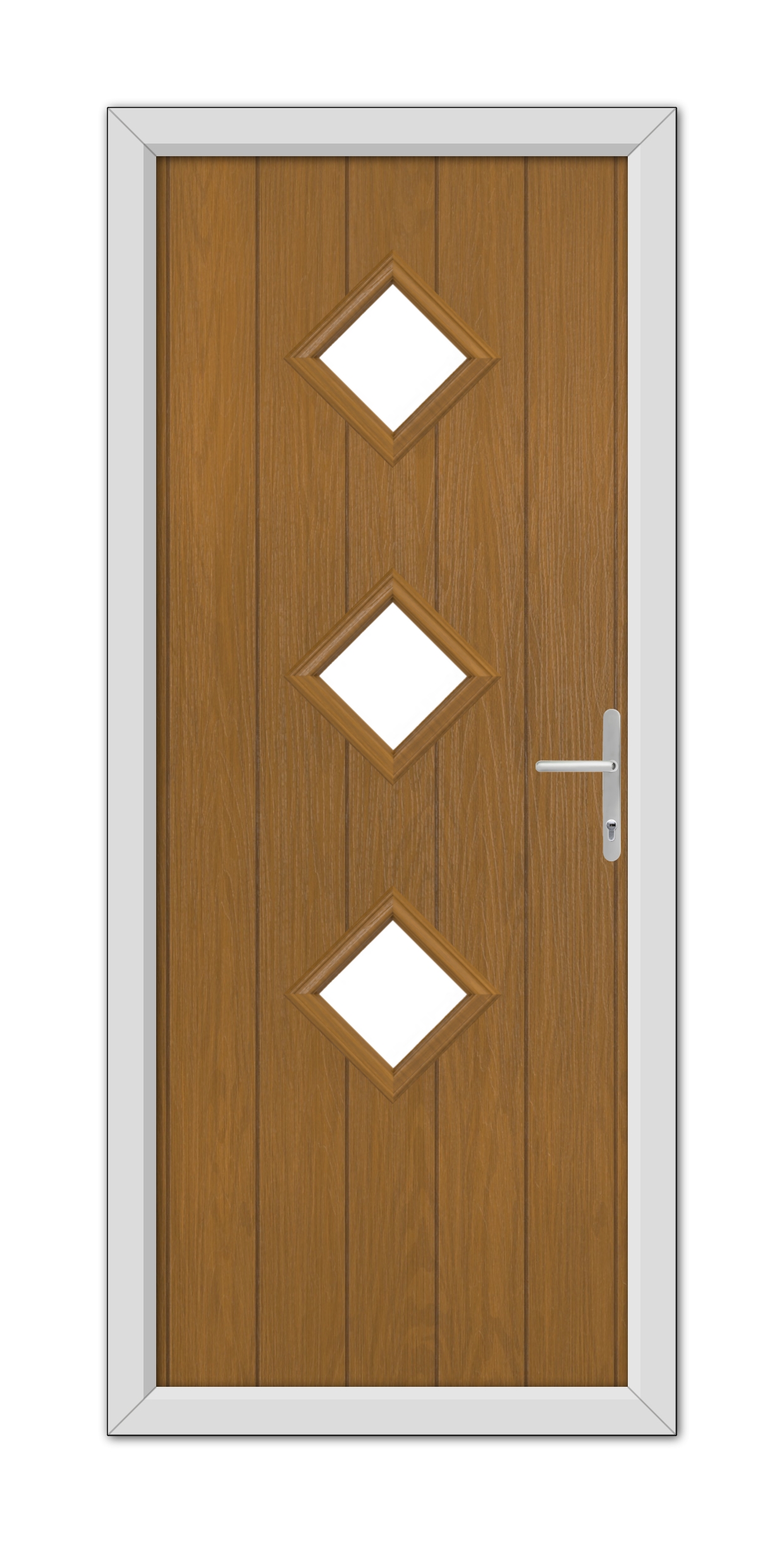 Oak Richmond Composite Door 48mm Timber Core with a white frame, featuring three diamond-shaped windows and a silver handle on the right side.