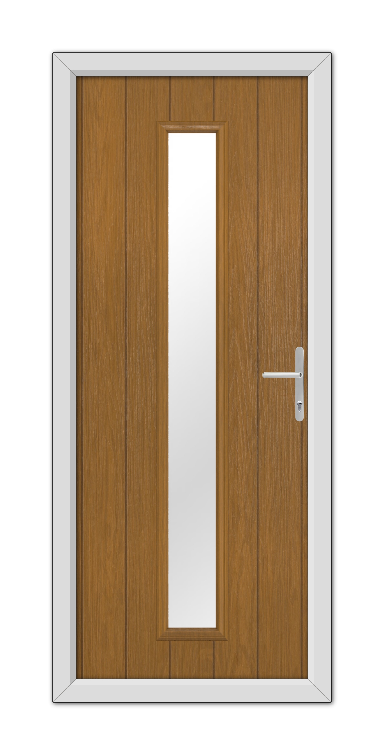 A oak Rutland composite door with a vertical rectangular glass panel and a white door handle, set within a white frame.