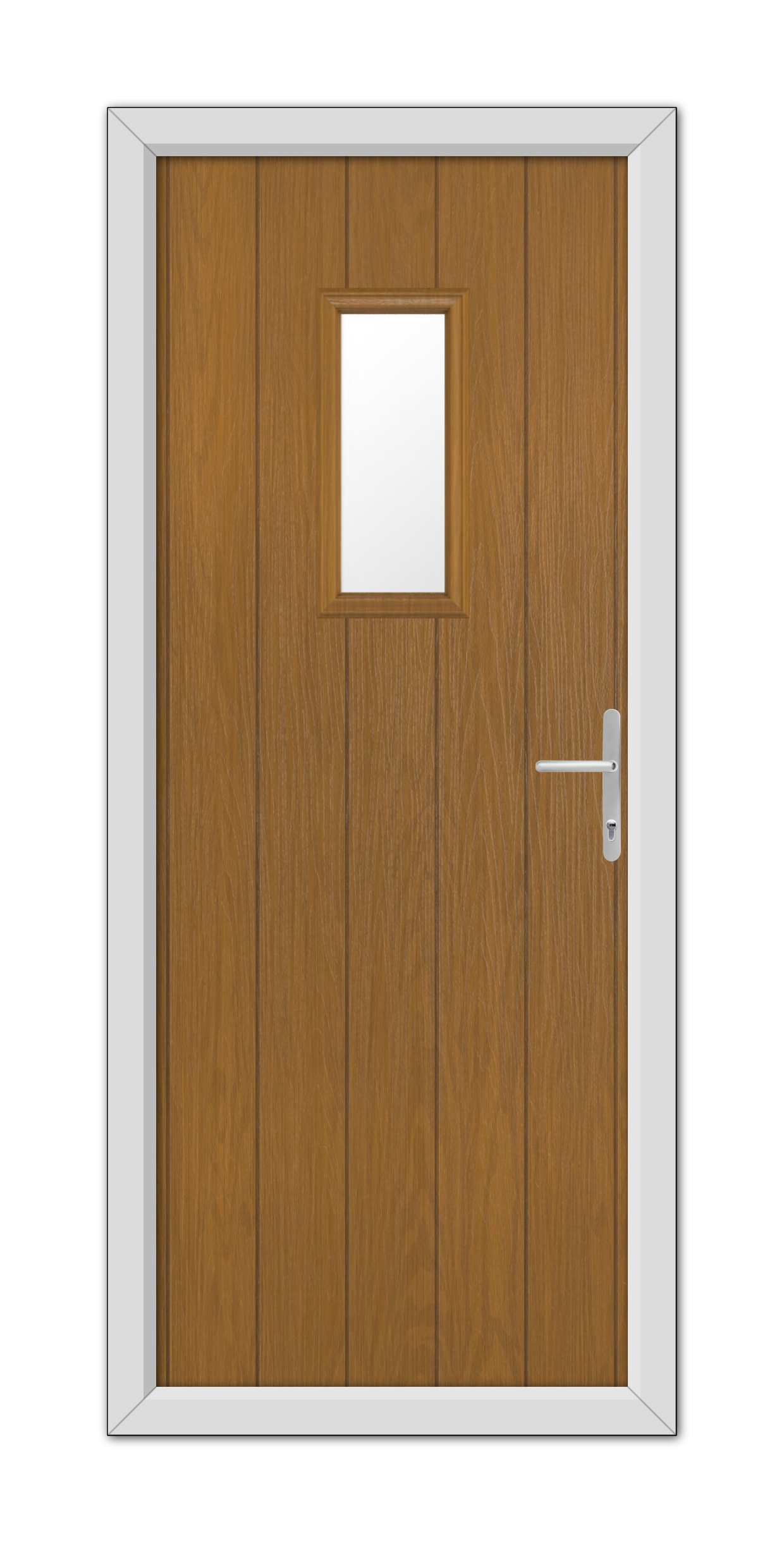 A Oak Somerset Composite Door 48mm Timber Core with a white frame, featuring a small square window and a modern handle, set against a white background.