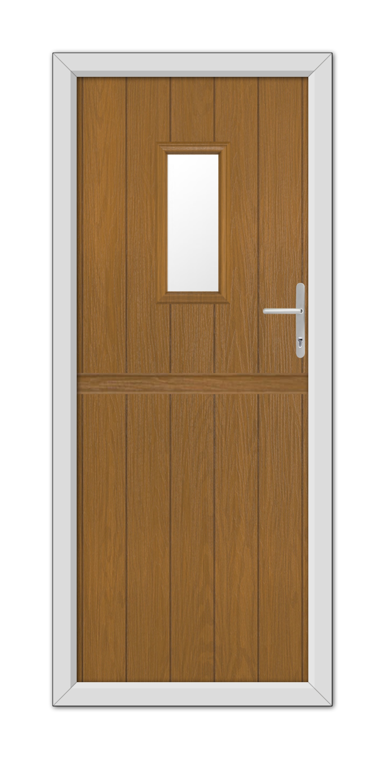 A Oak Somerset Stable Composite Door 48mm Timber Core with a small rectangular window, set within a white frame, featuring a metal handle on the right side.