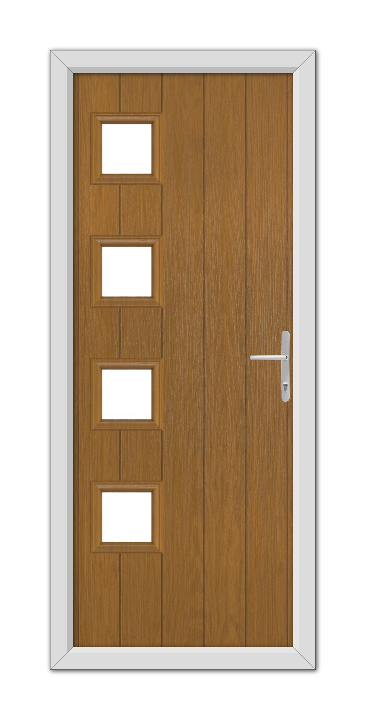 A modern Oak Sussex Composite Door 48mm Timber Core with a white frame, featuring a horizontal line of five rectangular glass panels on the left side and a metallic handle.