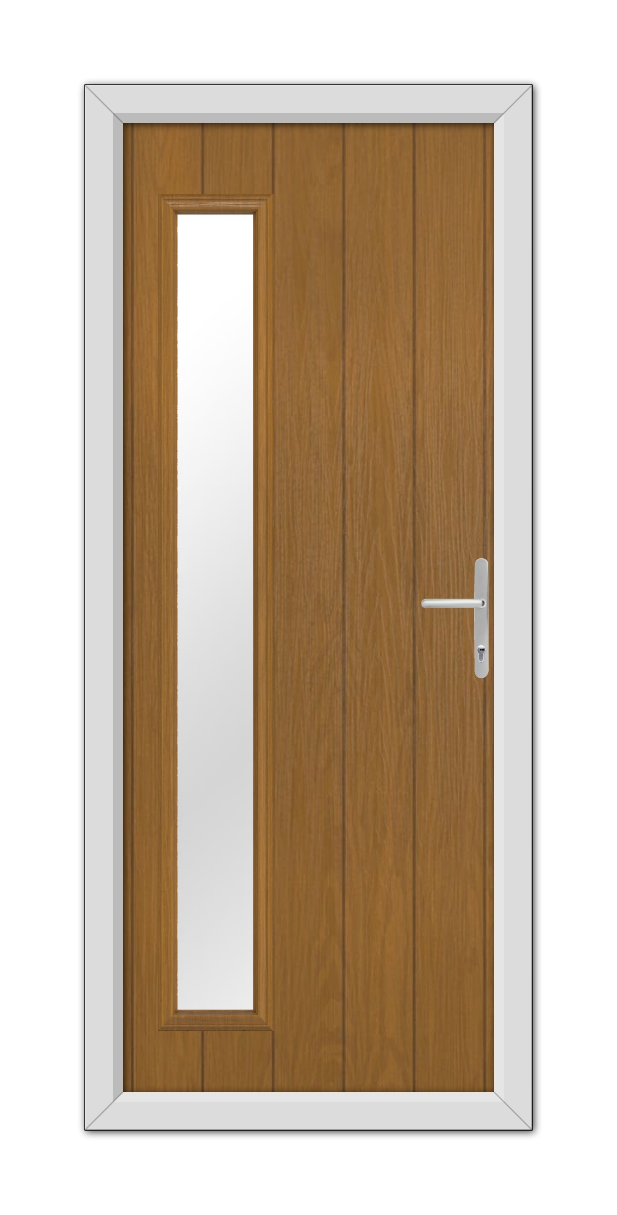 A modern Oak Sutherland Composite Door 48mm Timber Core with a vertical glass panel on the left and a metallic handle on the right, set within a white frame.