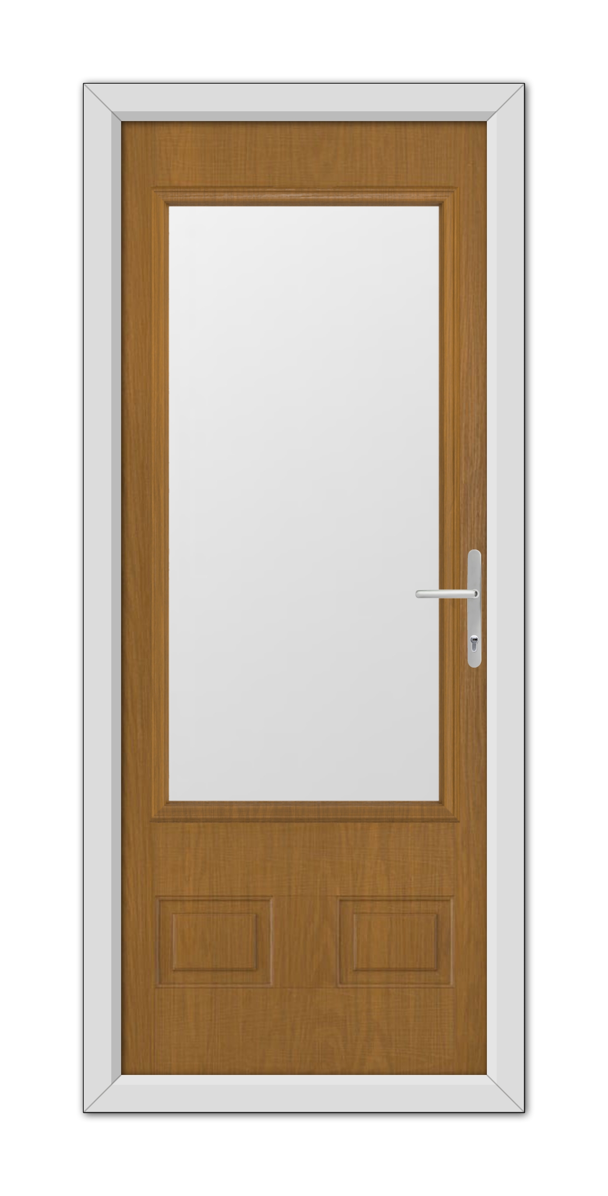 A Oak Walcot Composite Door 48mm Timber Core with a white insert and a silver handle, set within a white frame.