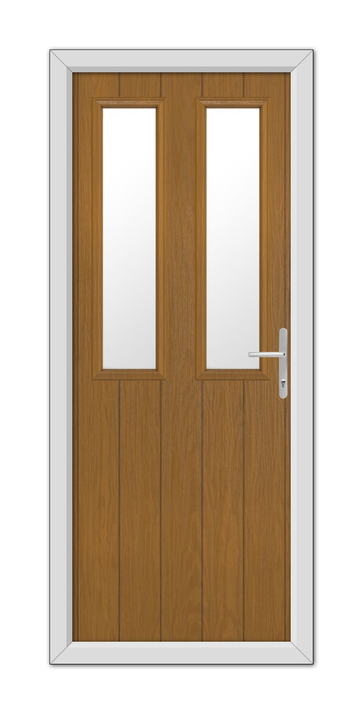 Oak Wellington Composite Door 48mm Timber Core with vertical glass panels and a modern handle, set in a white frame, isolated on a white background.