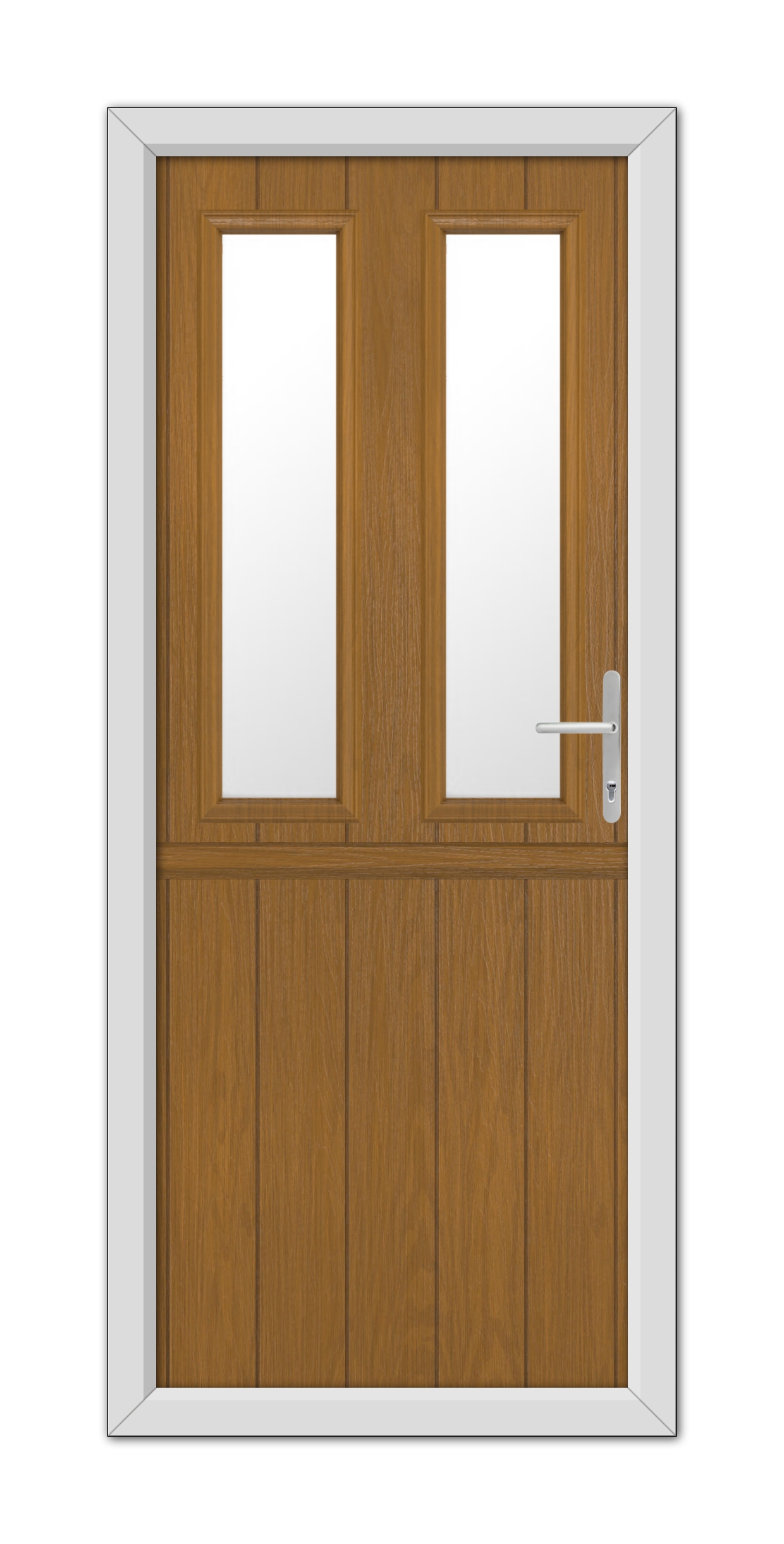 Oak Wellington Stable Composite Door 48mm Timber Core with glass panels and a metal handle, framed by a white casing, isolated on a white background.